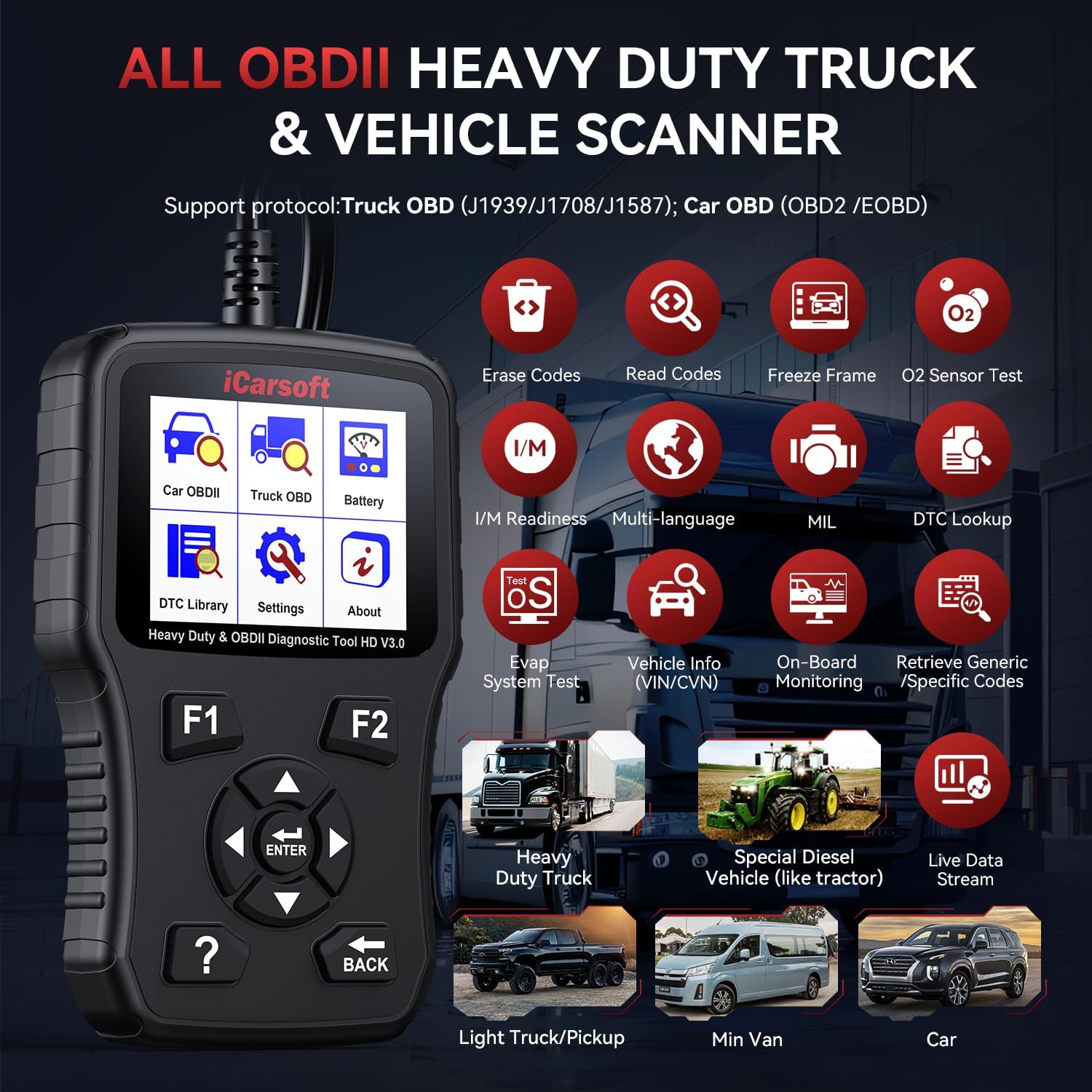 iCarsoft HD V3.0 Heavy Duty Truck Scanner Car OBD2 and Diesel All System 2-in-1 Diagnostic Scan Tool Lifetime Free Update Code Reader for Freightliner Paccar International Mack Hino Isuzu Cummins