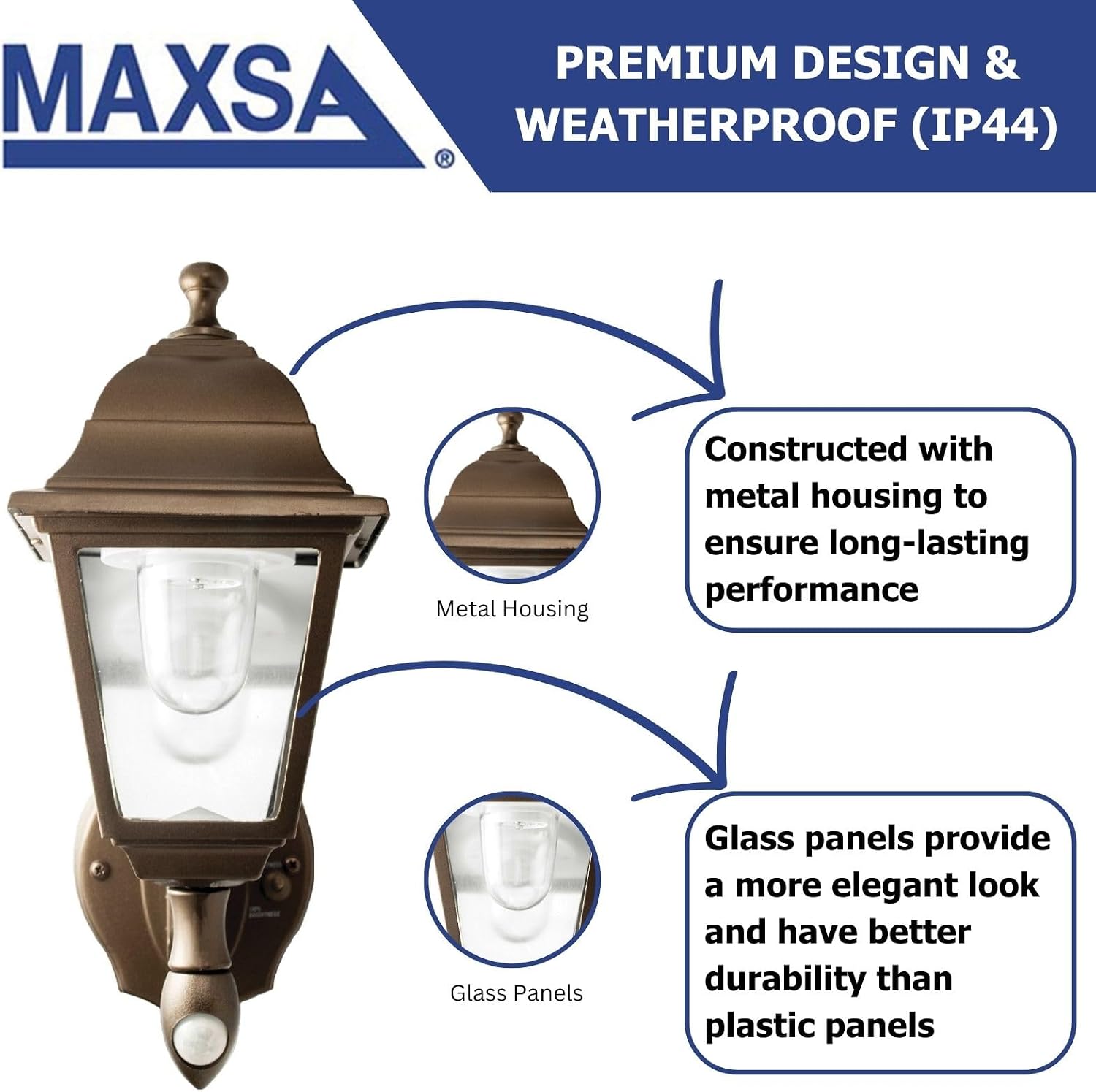 Maxsa 44219 Premium Wireless Battery-Powered Motion-Activated Decorative Outdoor Wall Sconce Lighting Fixture, Cool White LED, Metal Housing, Black