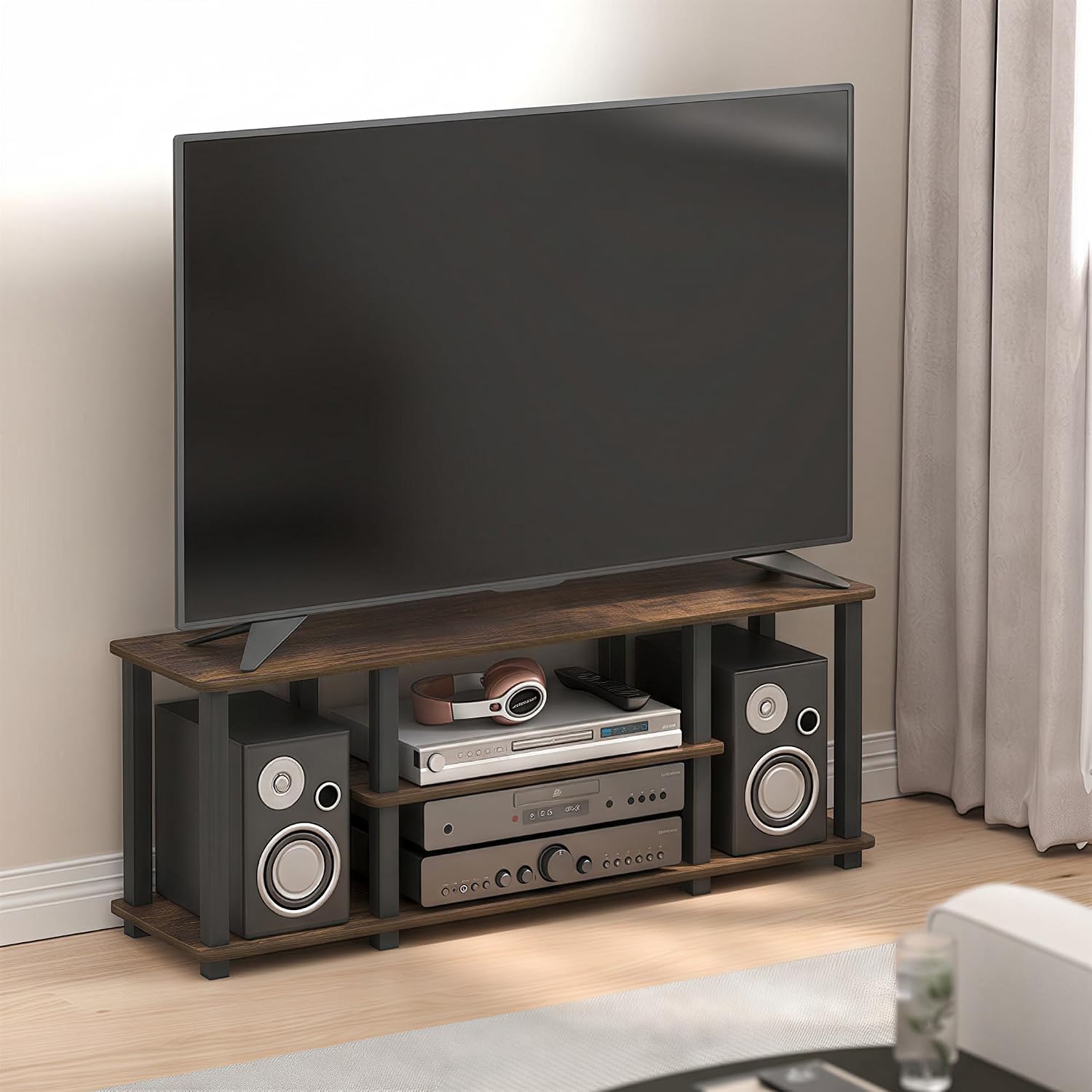 Furinno Turn-N-Tube No Tools 3D 3-Tier Entertainment TV Stand up to 50 inch TV, Round Tubes, French Oak Grey/Black | for TV up to 50 Inch, Open Frame Rectangular Entertainment Center with Storage Shelf, TV Console, for Living Room, Bedroom