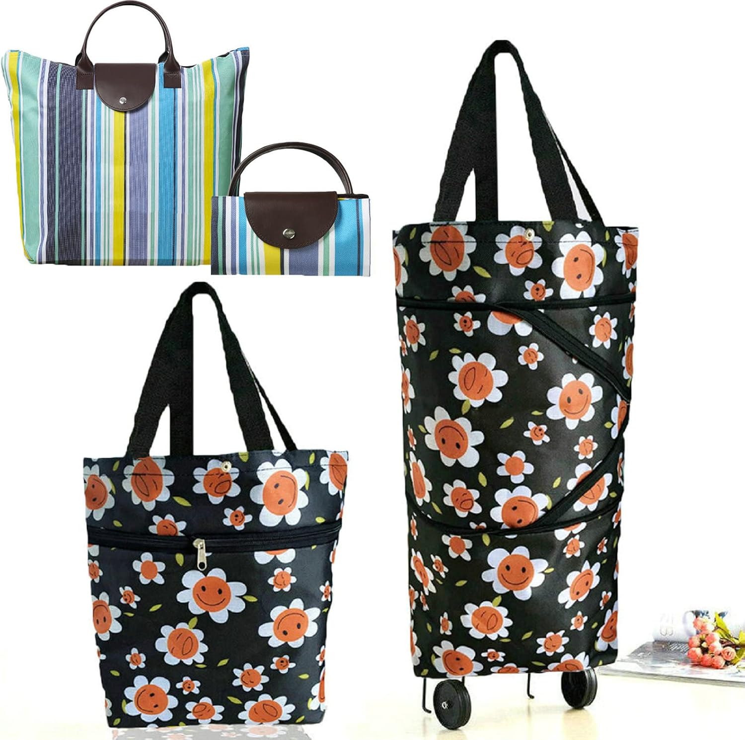 Collapsible Shopping Bag with Wheels Portable Shopping Cart with 360° Swivel Wheels Rolling Tote Bag Reusable Grocery Bag Trolley Bag on Wheels for Travel Shopping and Daily Use(Blue)