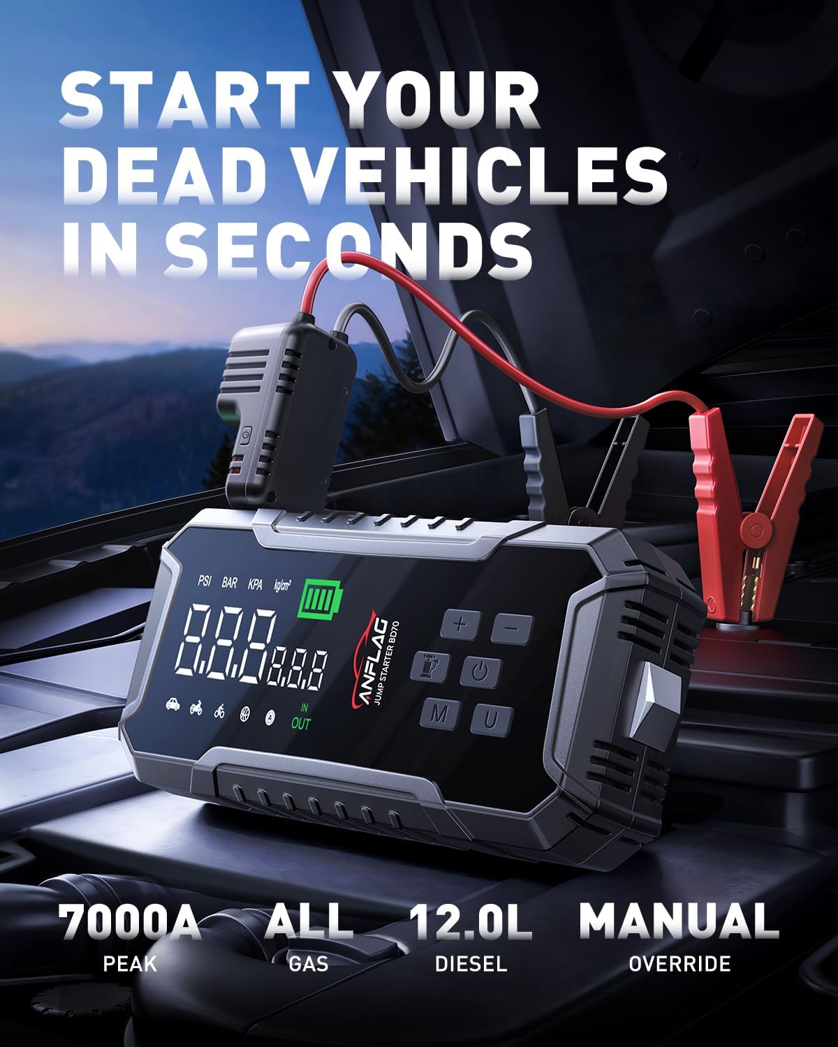 Car Jump Starter with Air Compressor 160PSI, 7000A Car Battery Jumper Starter Portable 12V Jump Box(All Gas/12L Diesel), Cordless Tire Inlfator