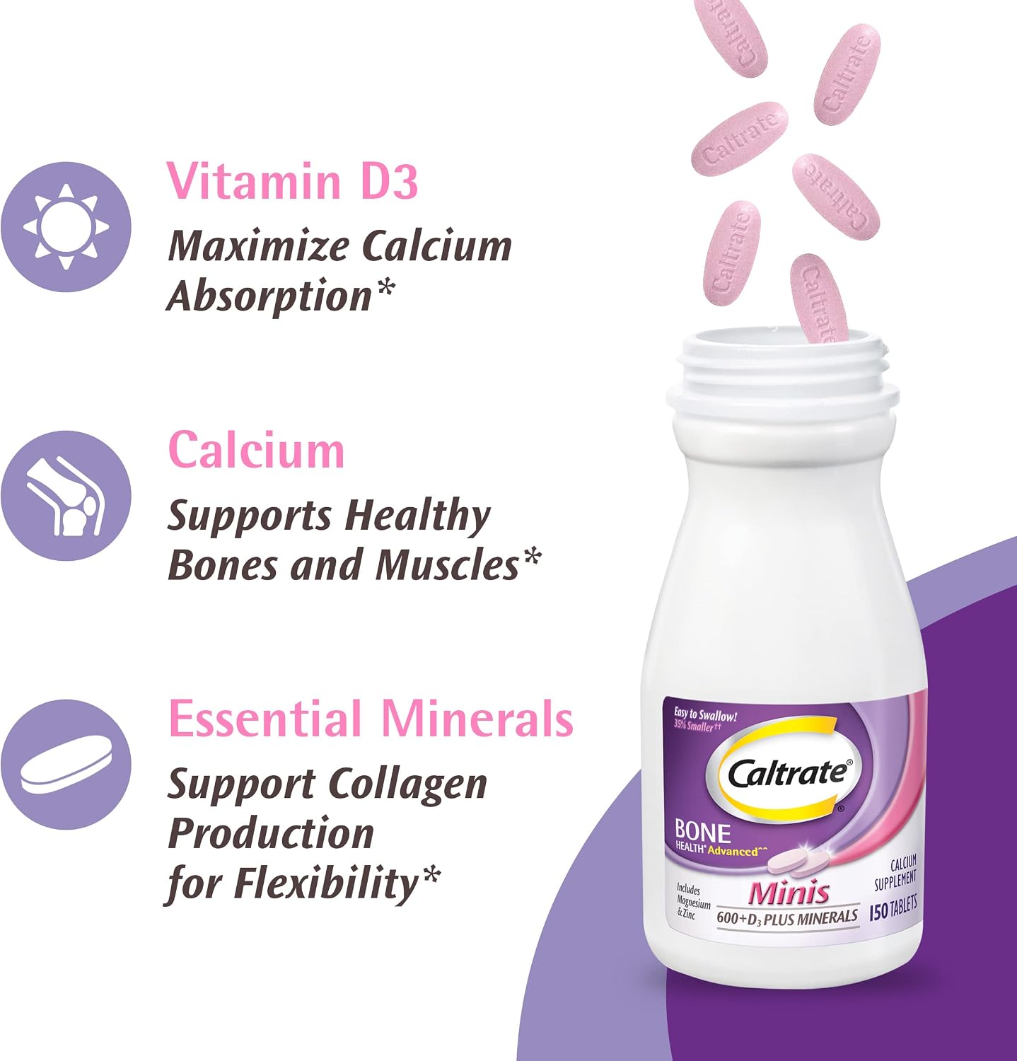 Caltrate Minis 600 Plus D3 Vitamin D and Calcium Supplement Tablets, 150 Ct | Highest Level of Vitamin D3, Maximizes Calcium Absorption to Support Strong Bones and Daily Function