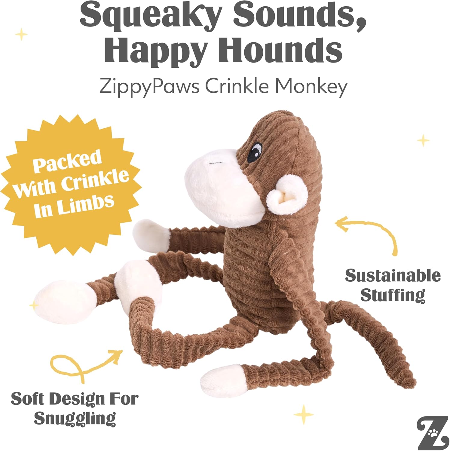 ZippyPaws Crinkle Monkey for Medium-Extra Large Dogs, Large/Brown | Interactive Dog Toys to Keep Them Busy, Squeaky Plush Pet Toy for All Breeds