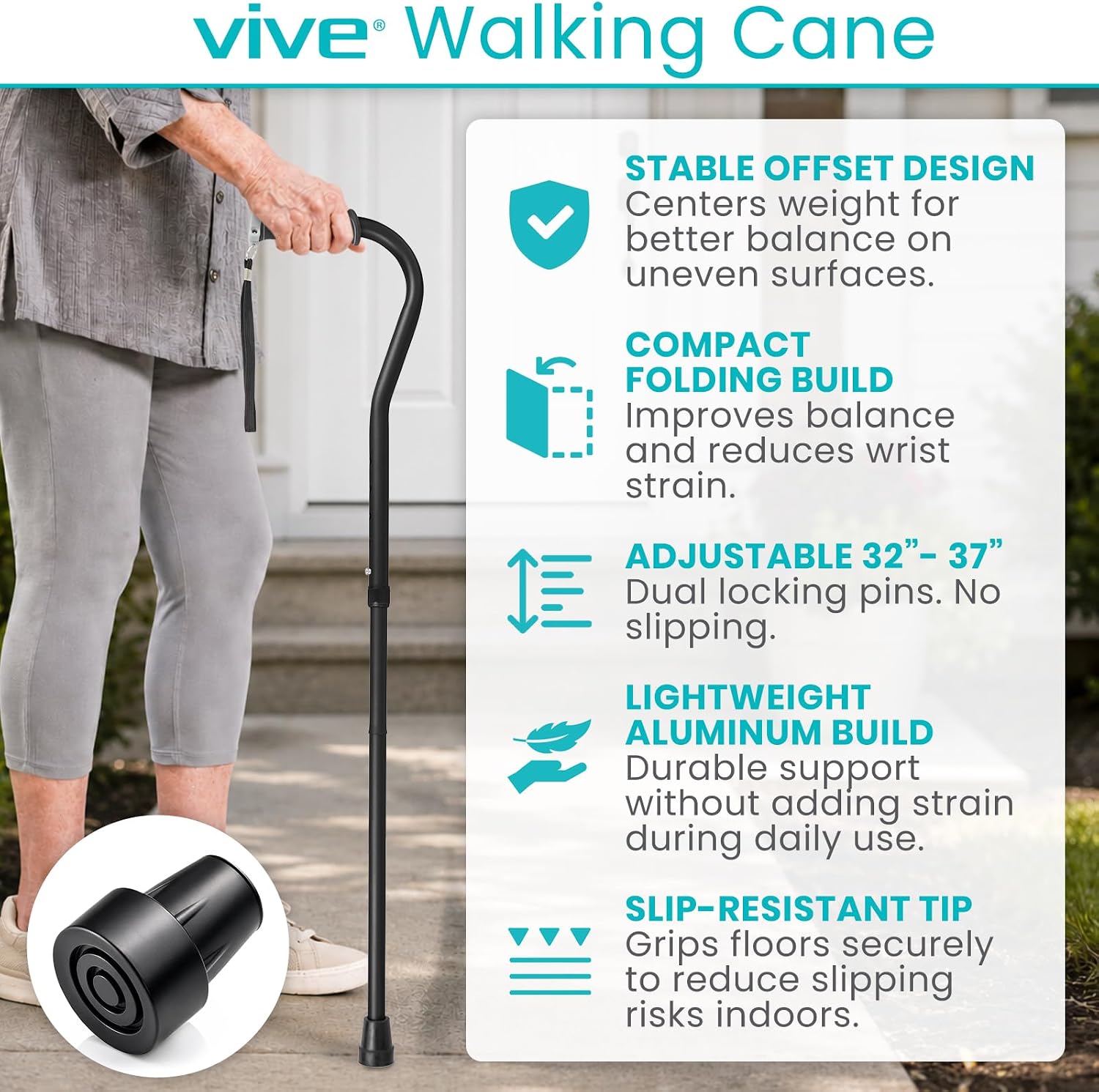 Vive Walking Cane for Women, Men, Elderly - Patented Offset Grip