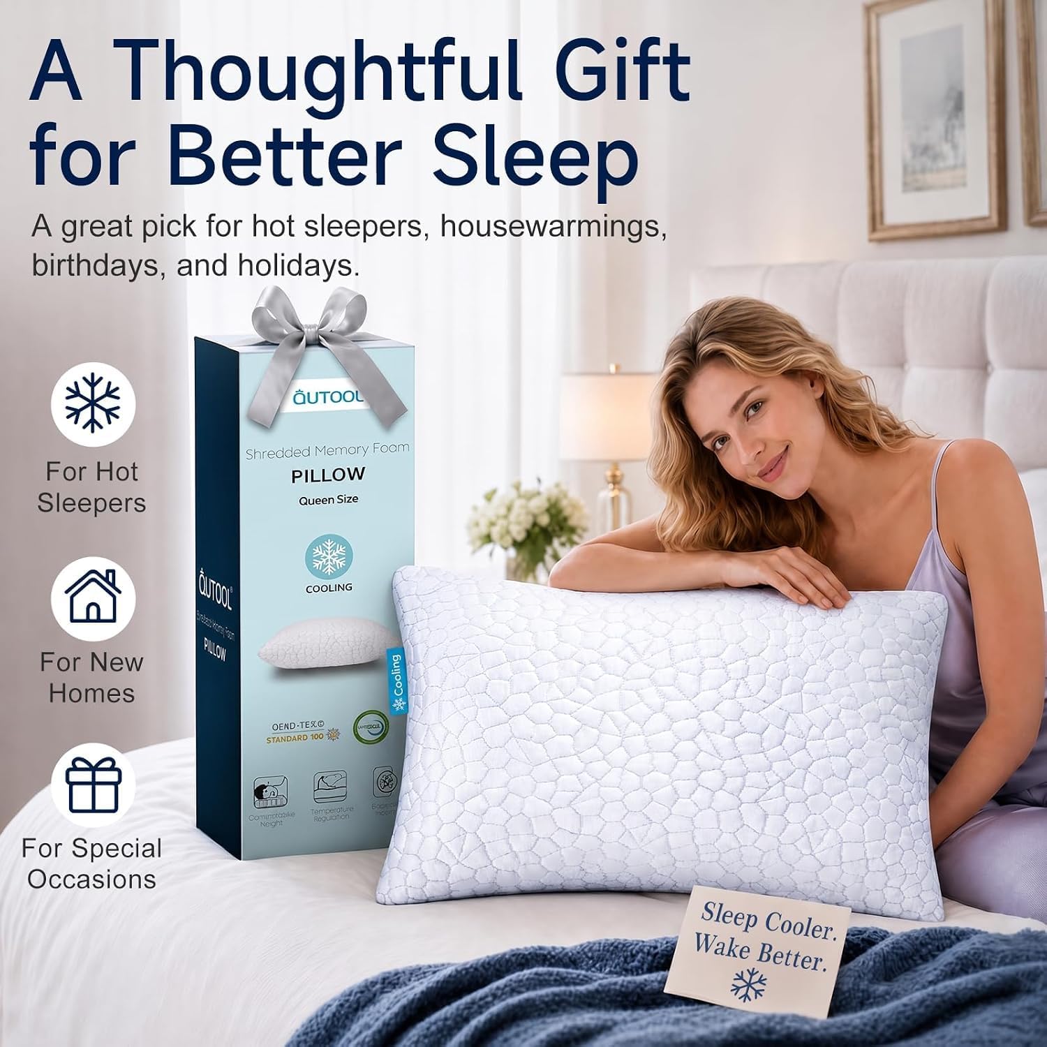 QUTOOL Cooling Pillow for Sleeping, CertiPUR-US Shredded Memory Foam Queen Pillows Set of 2, Cool Pillow for Hot Sleepers Adjustable Firm Pillow for Side, Back, Stomach Sleepers Soft Yet Support,White