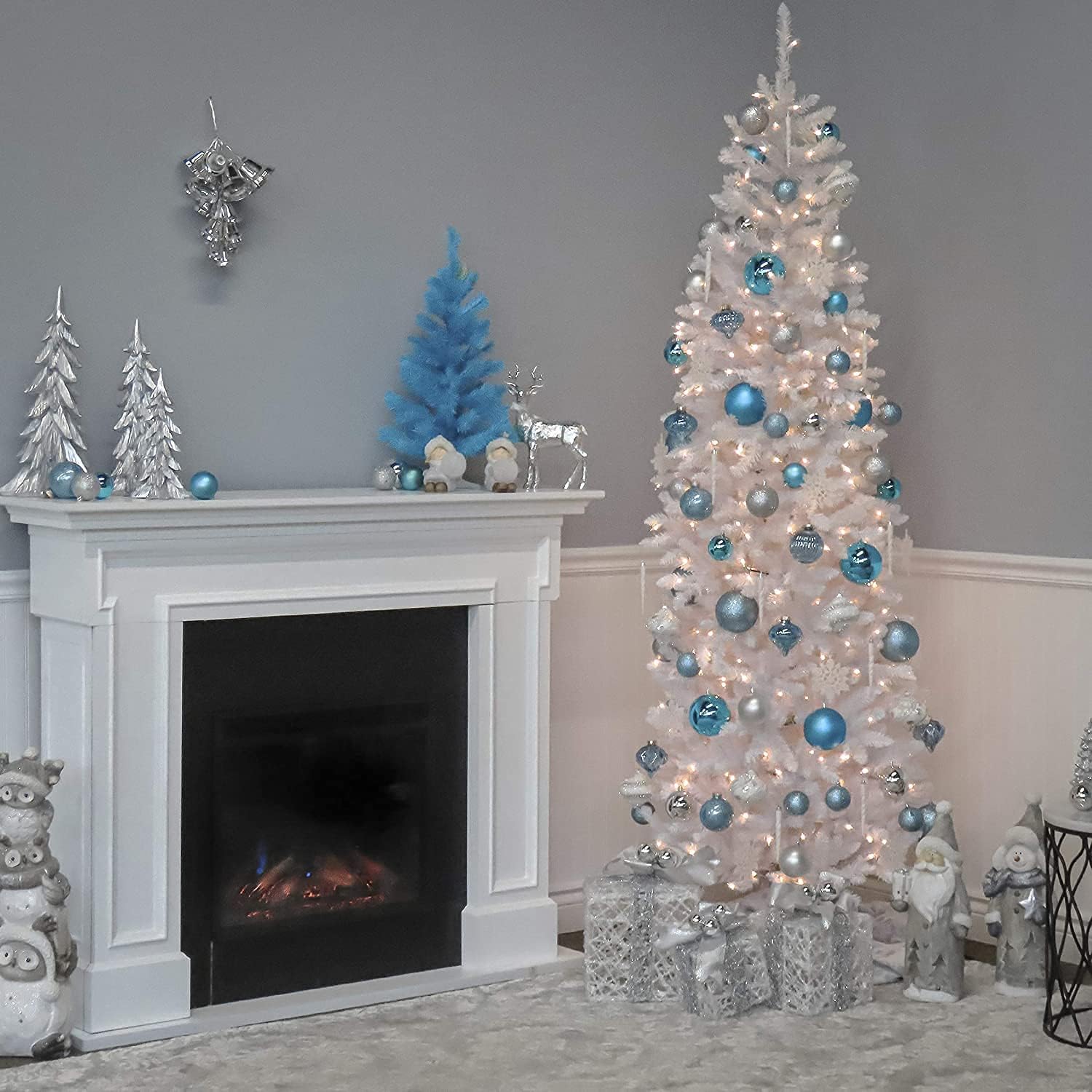 National Tree Company 7.5ft Pre-Lit Kingswood Fir Slim Christmas Tree | 350 Clear Lights, 1,075 Tips, Includes Stand, Artificial, White