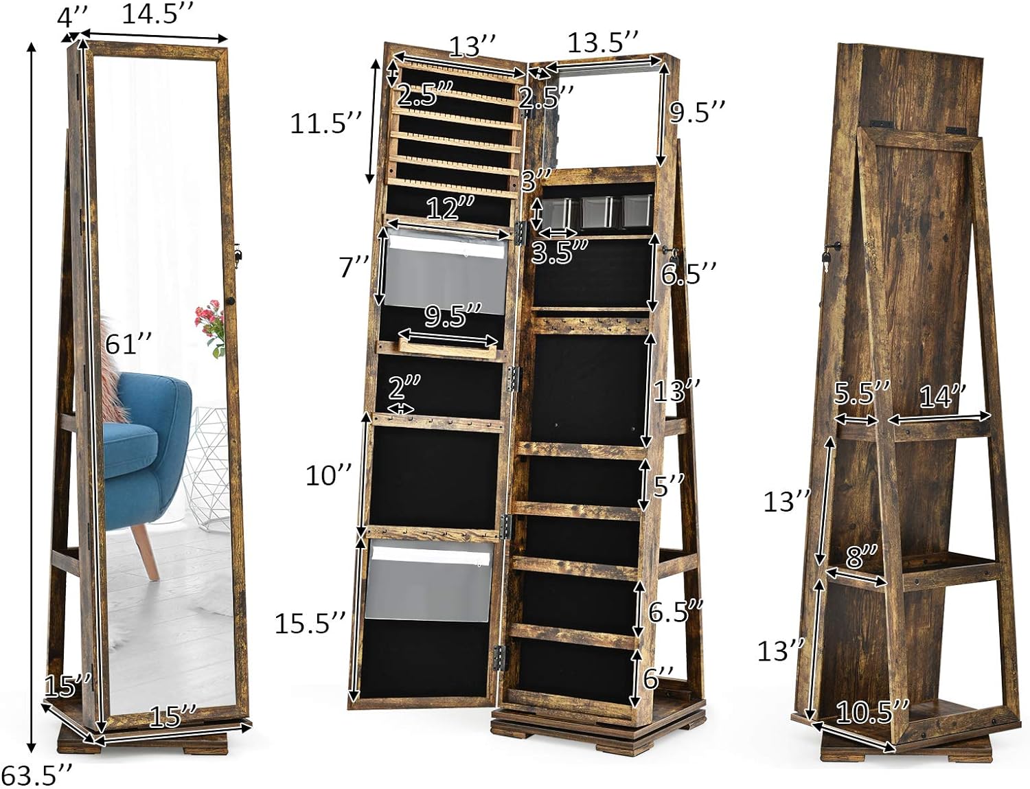CHARMAID 360° Swivel Jewelry Armoire with Higher Full Length Mirror, Standing Lockable Jewelry Cabinet Organizer with Large Storage Capacity
