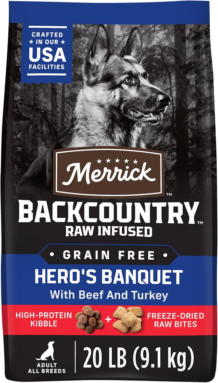 Merrick Backcountry Grain Free Dry Adult Dog Food, Kibble With Freeze Dried Raw Pieces, Hero’s Banquet Recipe - 4.0 lb. Bag