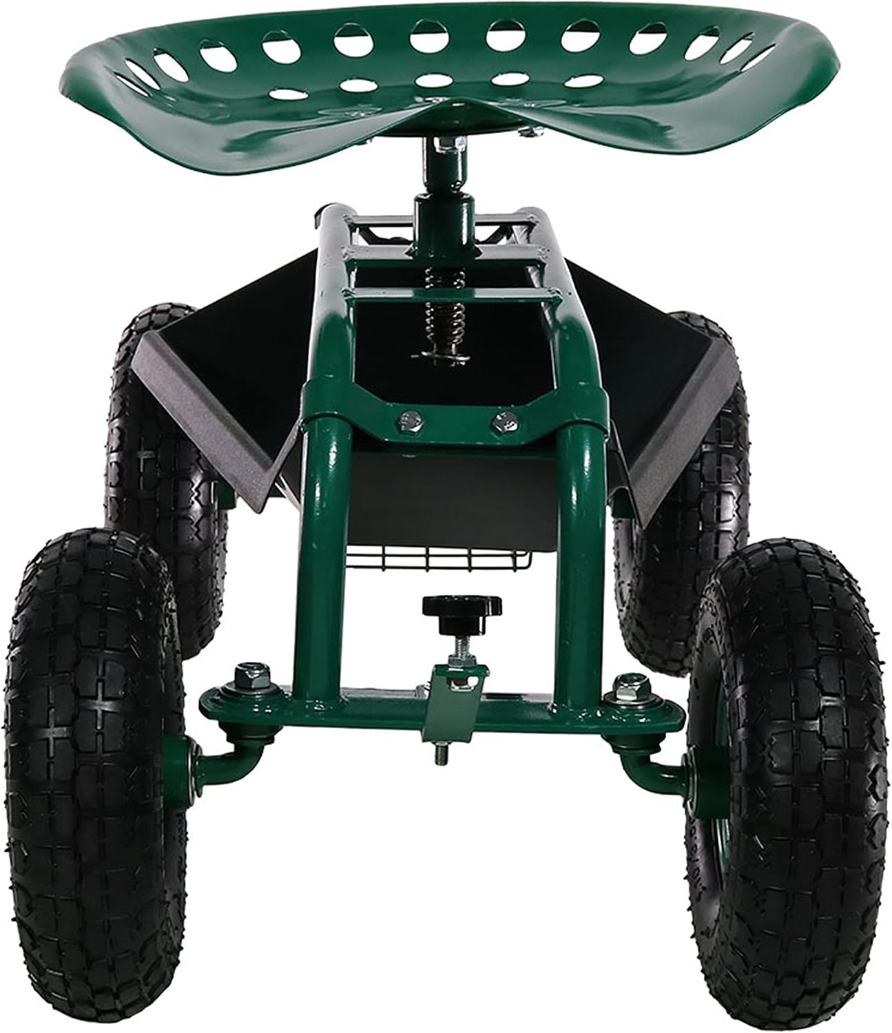 Sunnydaze Rolling Garden Cart with Seat - Garden Stool with Wheels and Adjustable 360-Degree Swivel Seat - Utility Tool Tray and Storage Basket - Green