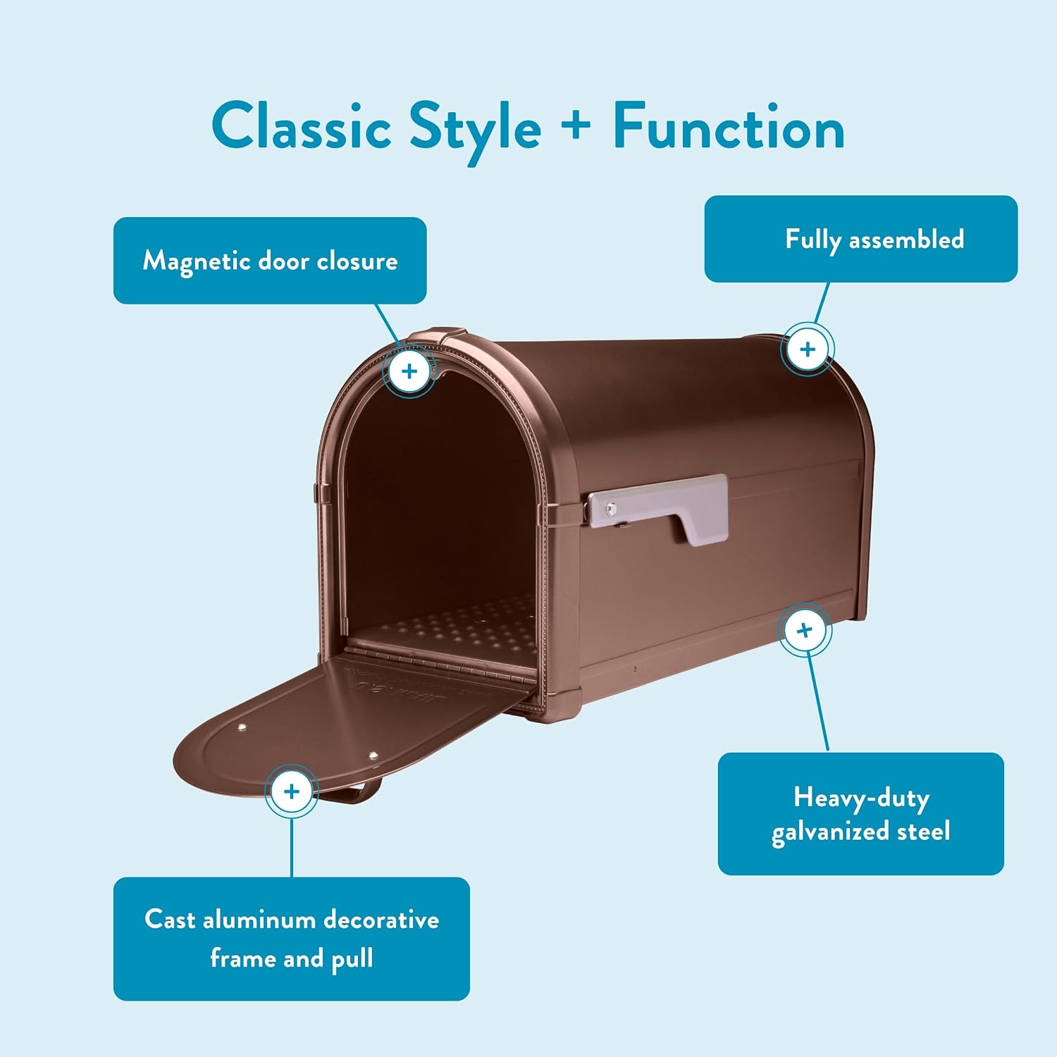 Architectural Mailboxes Hillsborough Post Mount Mailbox, Rubbed Bronze | Galvanized steel build for outside with rust-resistant powder-coat finish and a magnetic door closure. USPS approved.