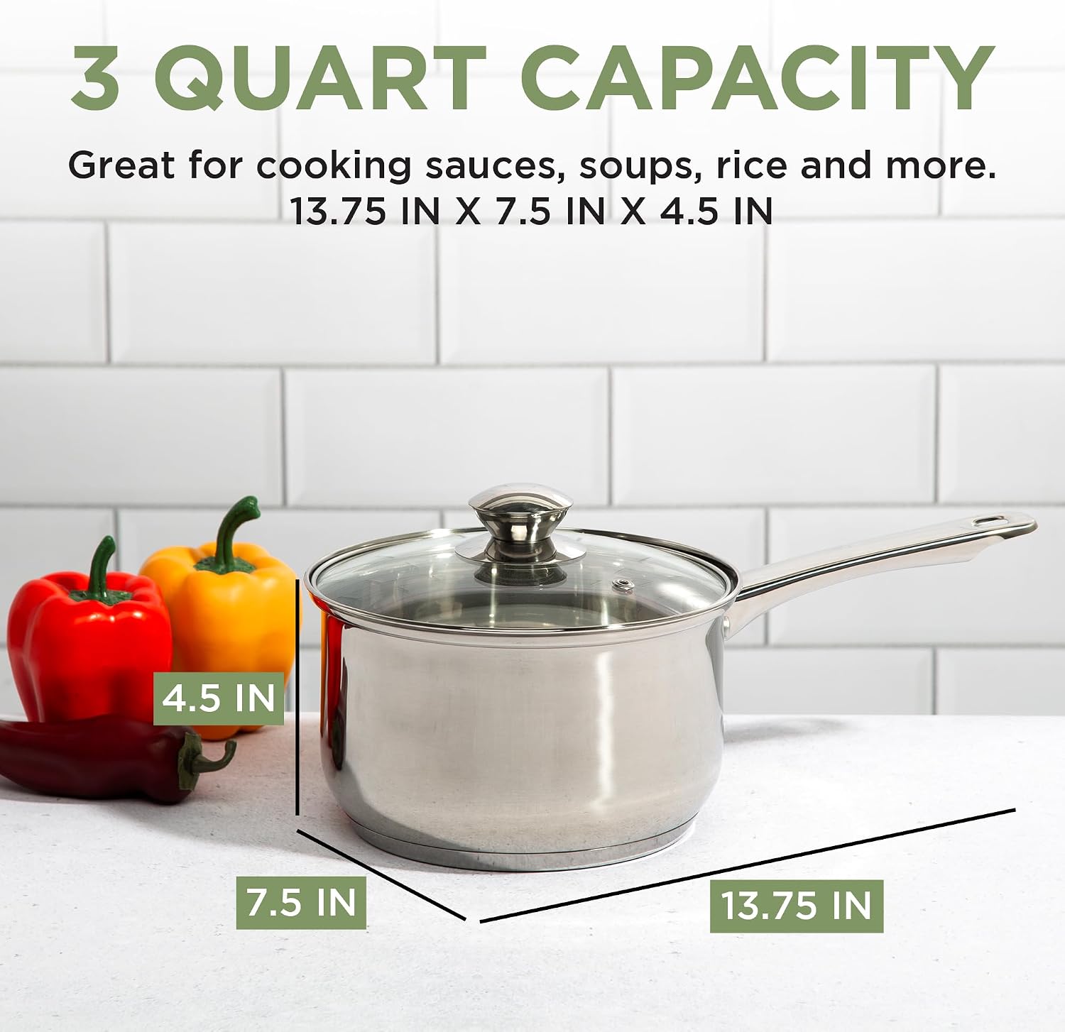 Ecolution Stainless Steel Sauce Pan, Encapsulated Induction Ready Cooking Pot with Glass Lid, Oven Safe, Dishwasher Safe Soup Pot, 2-Quart