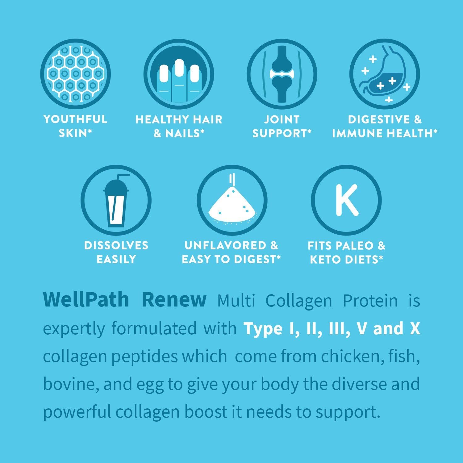 Renew Multi Collagen Peptides Powder for Women & Men, Types I II III V X