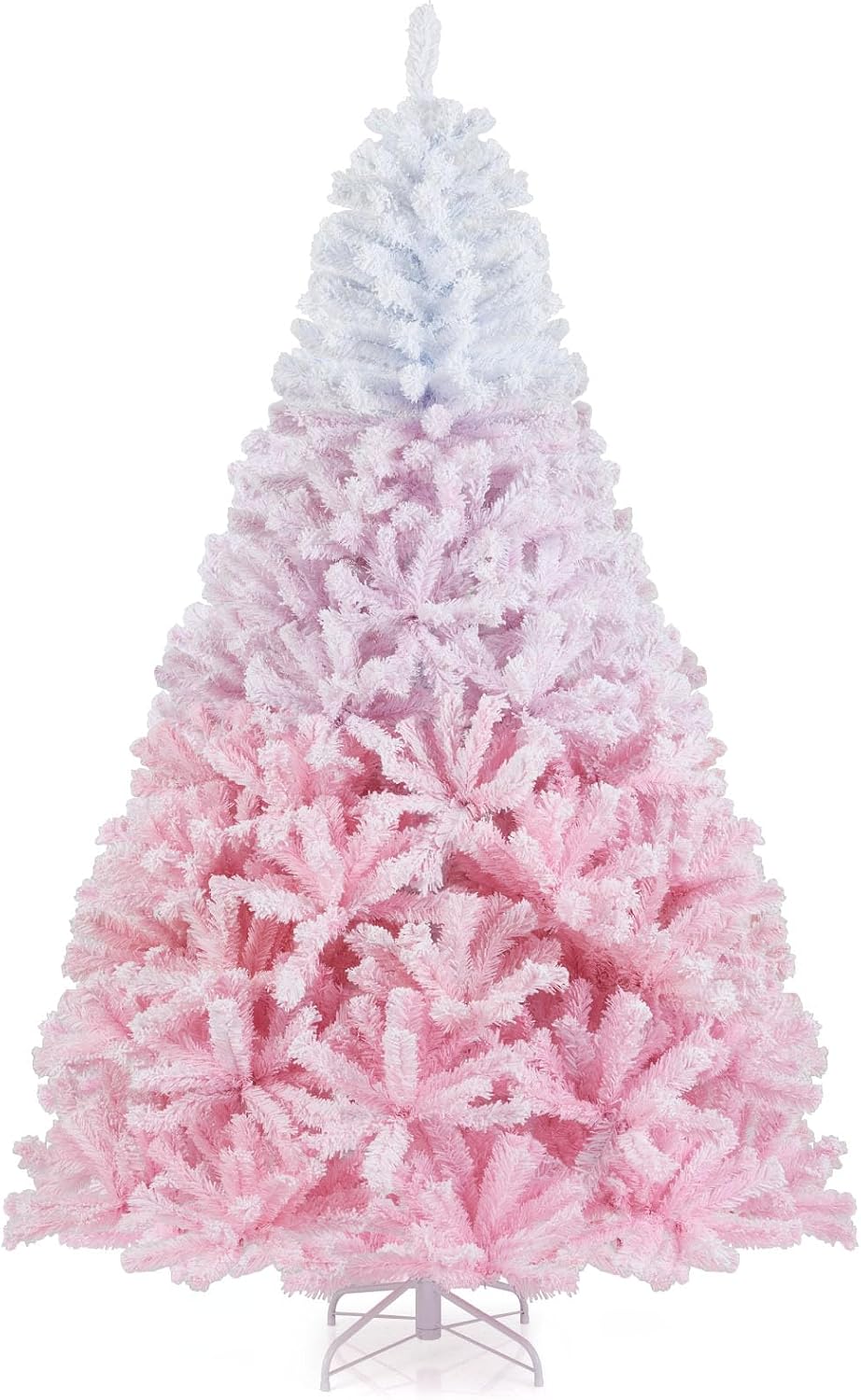 Goplus 7.5ft Pre-Lit Artificial Christmas Tree, Premium PVC Snow Flocked Hinged Pine Tree with Metal Stand and LED Lights