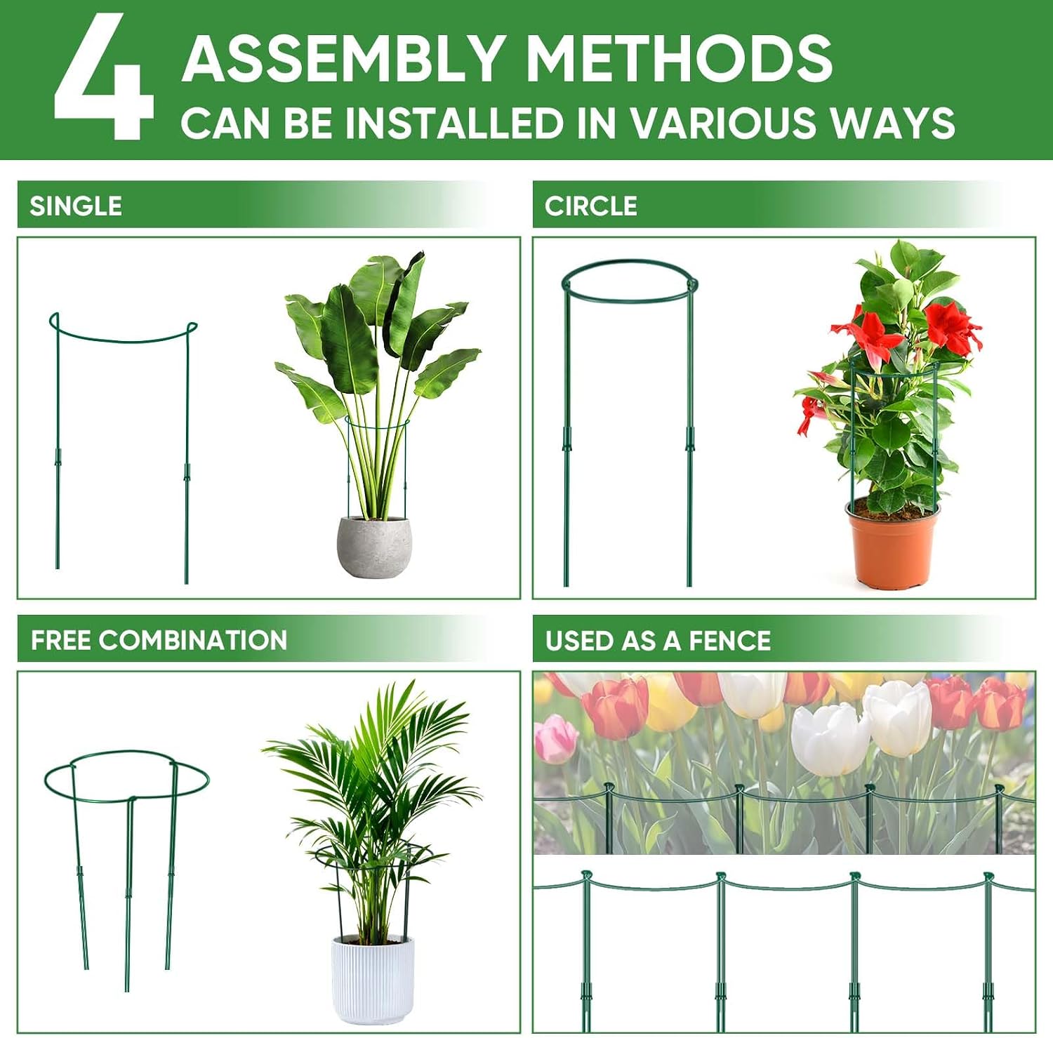 HiGift 8 Pack Plant Support Stakes, Half Round Metal Garden Plant Stake Indoor Peony Cages and Supports, Green Plant Support Ring Border for Tomato