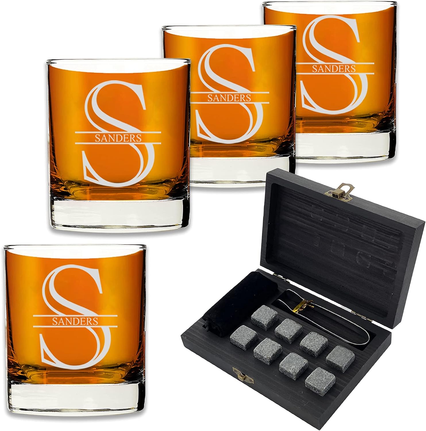Customized Whiskey Gifts for Men - Personalized Scotch Glass Gift Set with Box - Engraved Wisky Rocks Glasses for Boyfriend, Husband