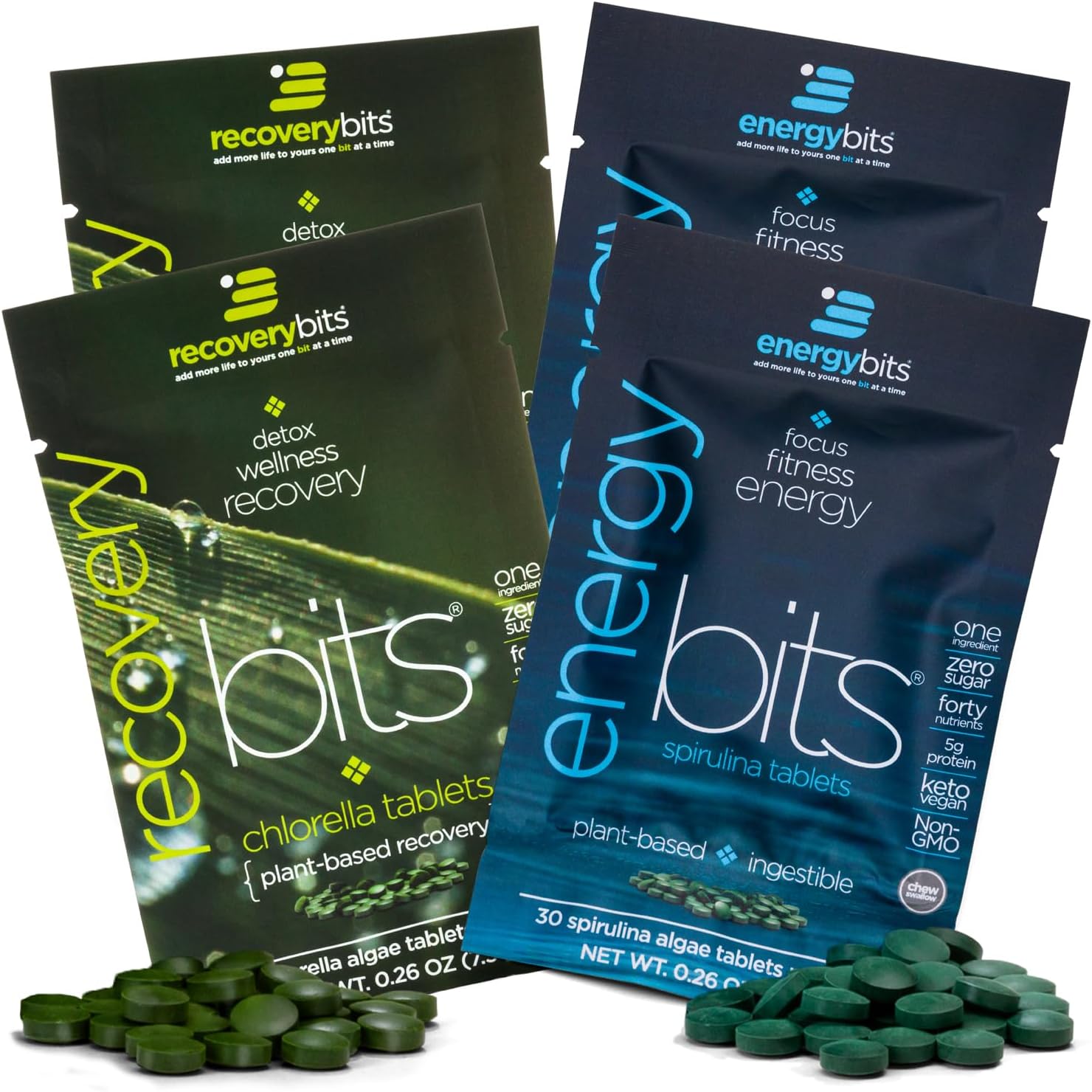 ENERGYbits/RECOVERYbits - Organic Spirulina & Chlorella Tablets - Single Serving Sample Packs - Algae Superfood - High Protein