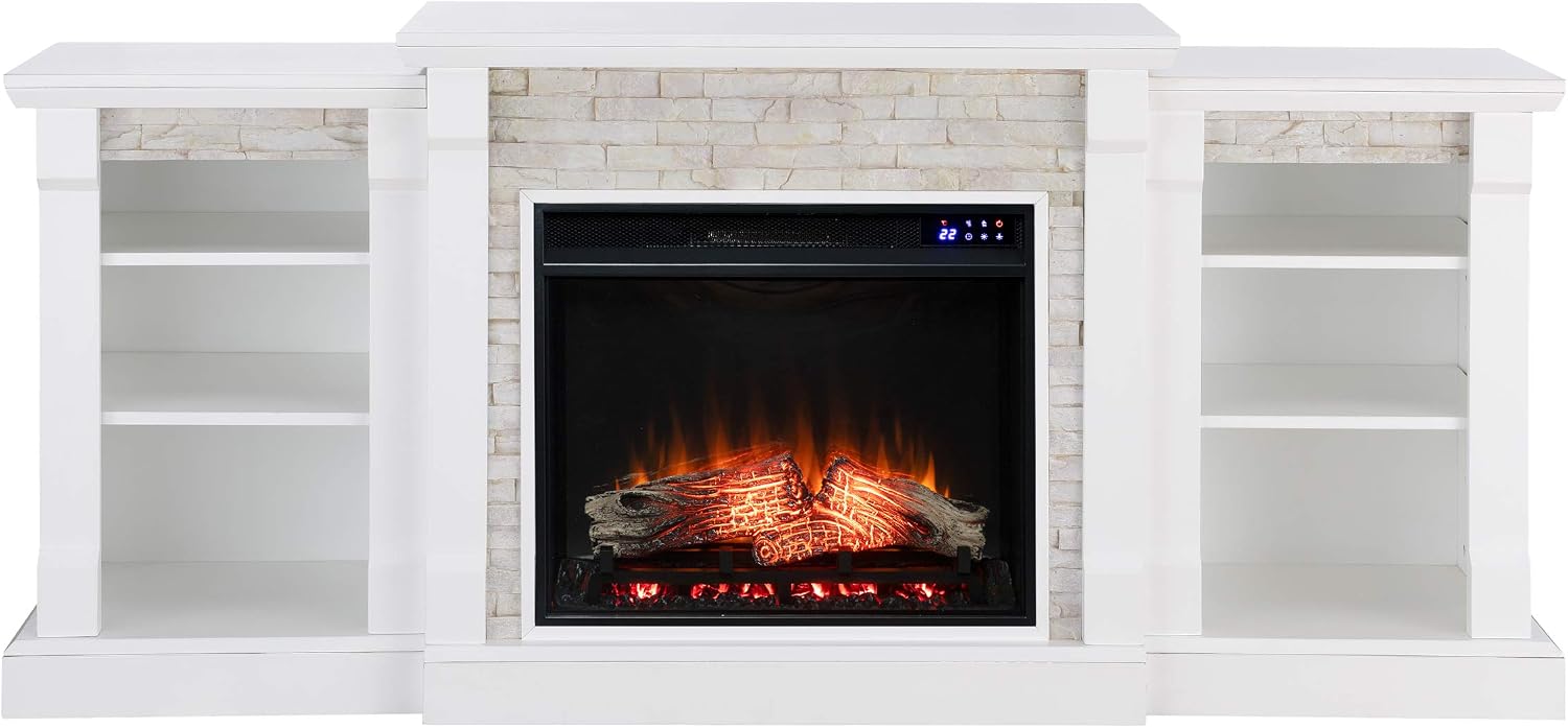 SEI Furniture Gallatin Faux Stone Electric Fireplace with Bookcases, New White