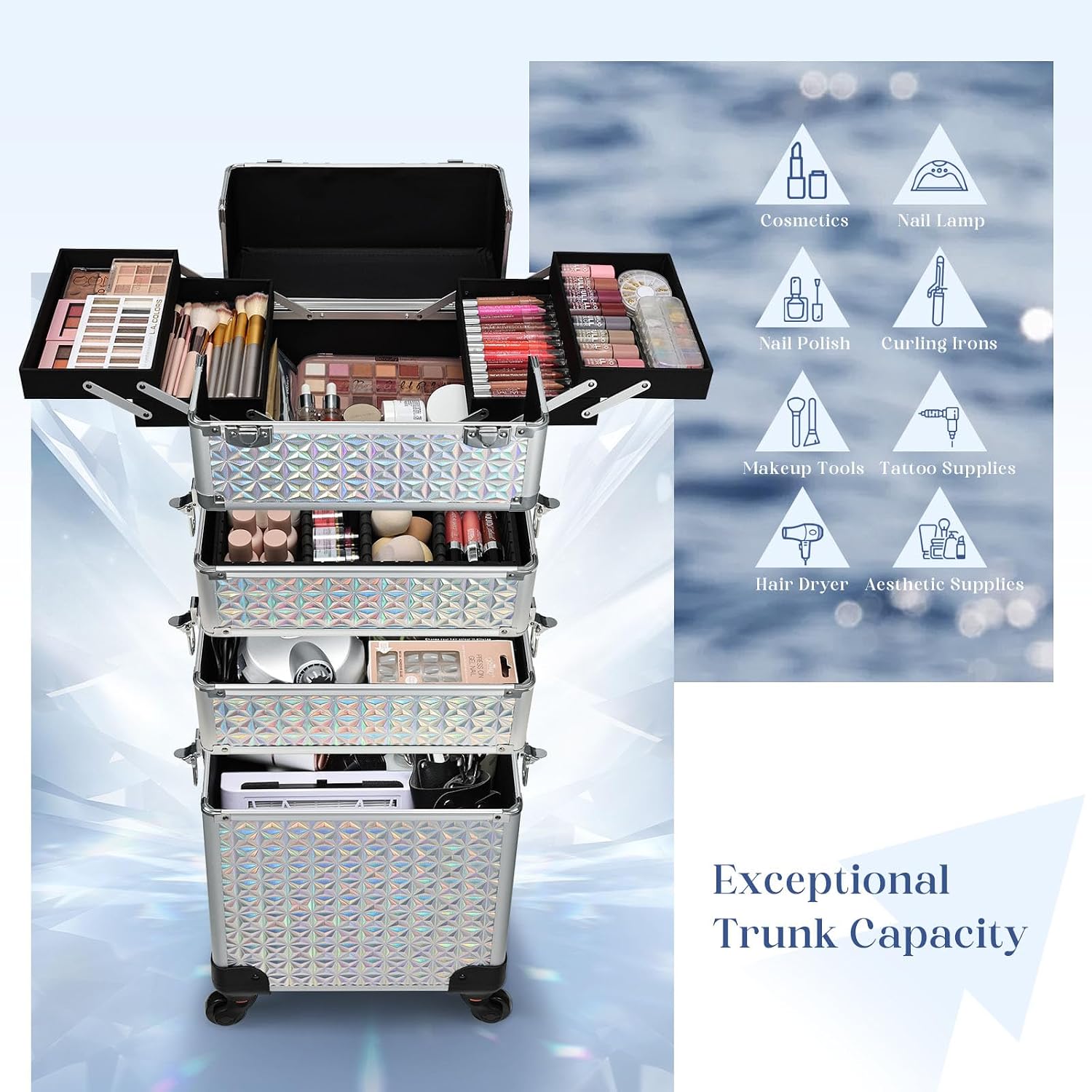 Stagiant Rolling Makeup Case Cosmetology Case on Wheels 4 in 1 Large Cosmetic Organizer Train Case Makeup Travel Case with Key Swivel Wheels Nail