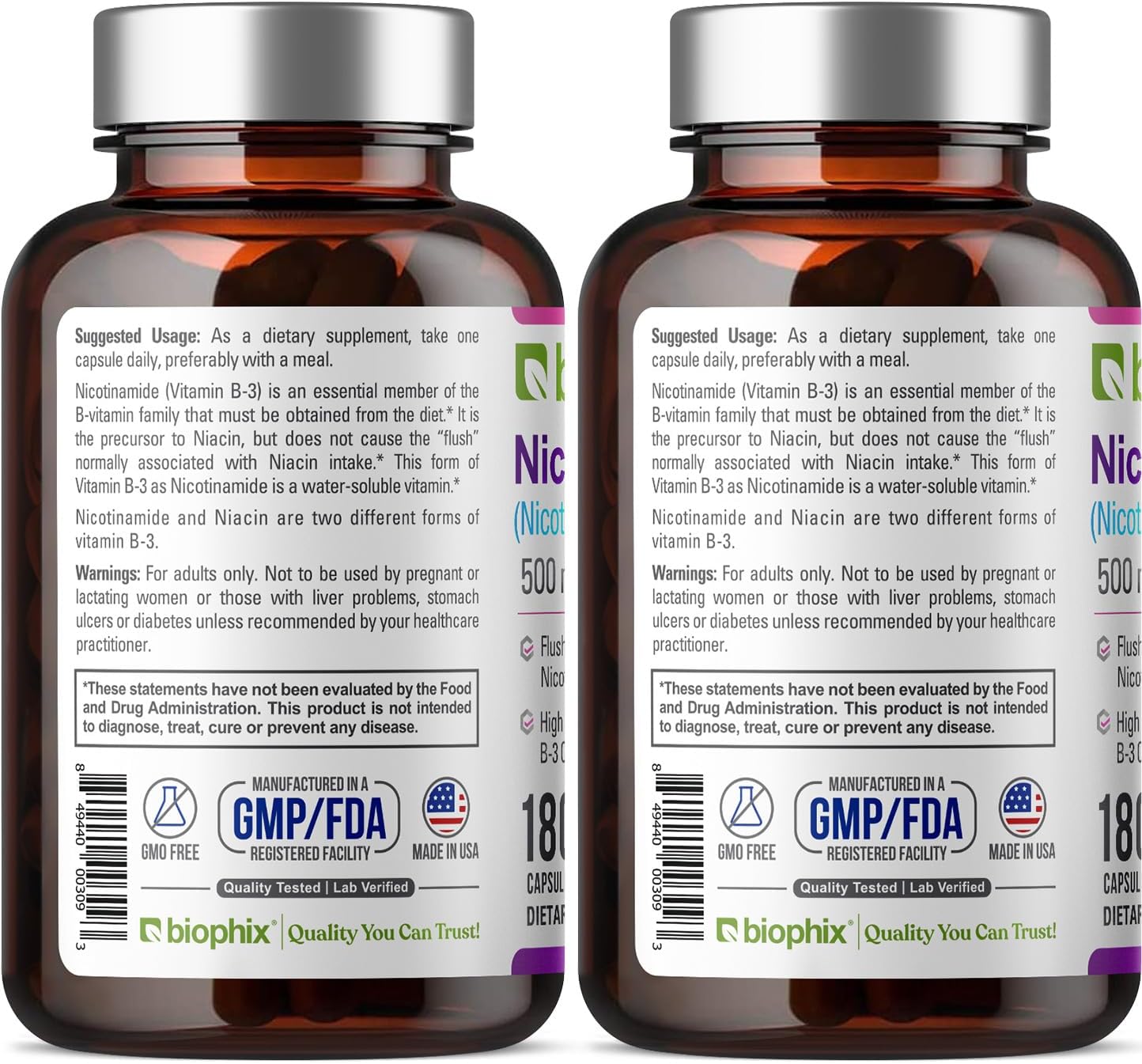 biophix B-3 Nicotinamide 500 mg 180 Caps - Nicotinic Amide Niacin Natural Flush-Free Vitamin Formula - Supports Skin Cell Health