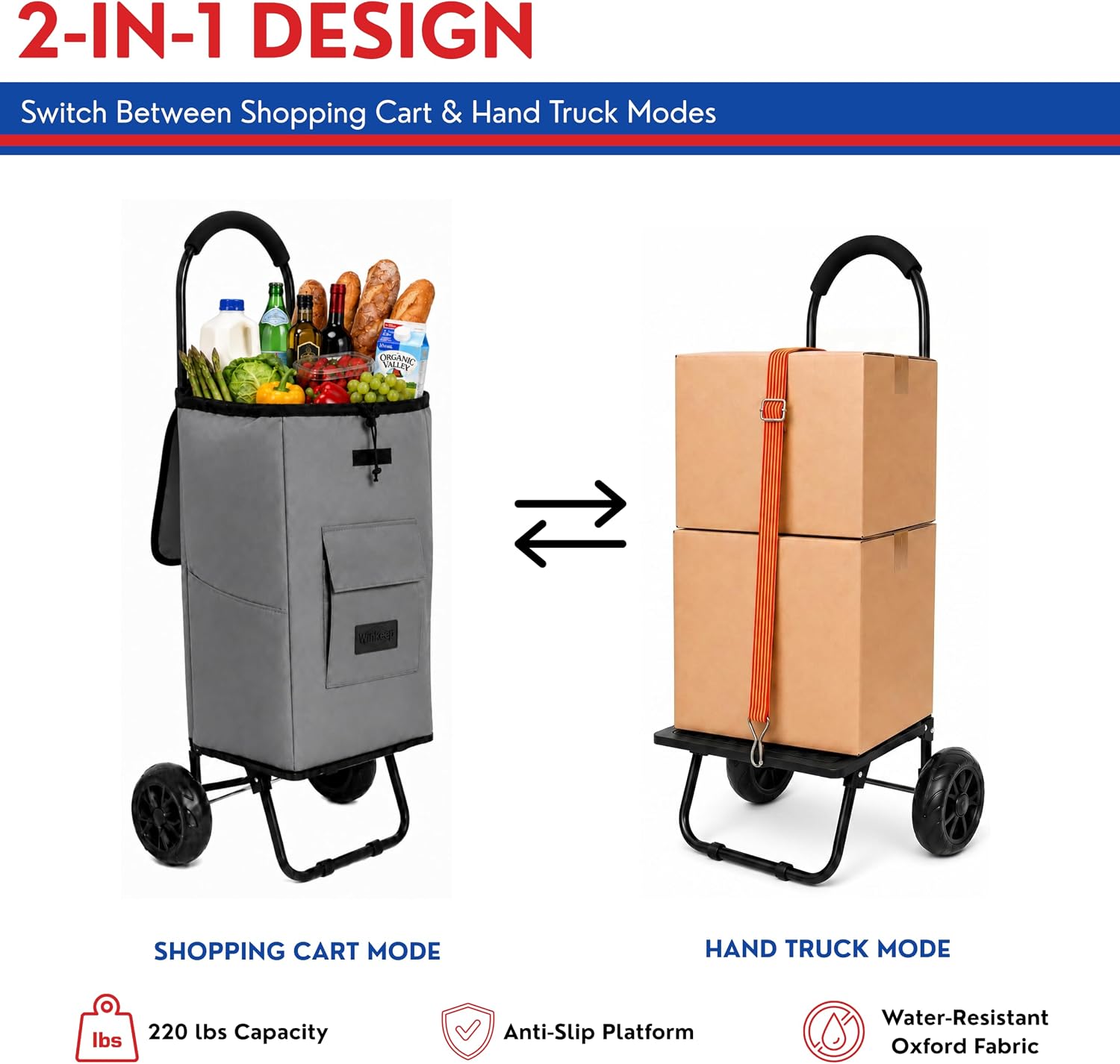 Shopping Cart, Super Loading Grocery Trolley, 220 lbs Capacity