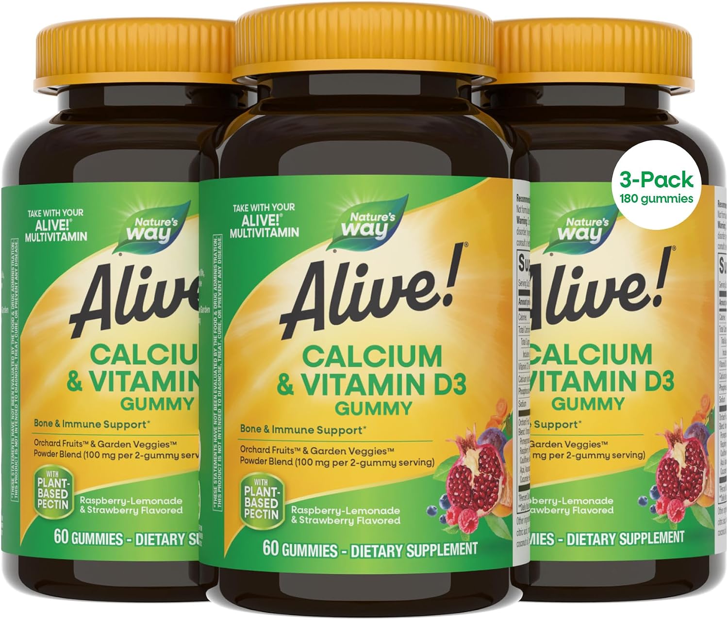 Nature’s Way Alive! Chewable Calcium Gummies with Vitamin D3, 60 ct | Daily Supplement Supports Healthy Bones and Teeth, and Muscle Function*, Strawberry and Raspberry-Lemonade Flavored