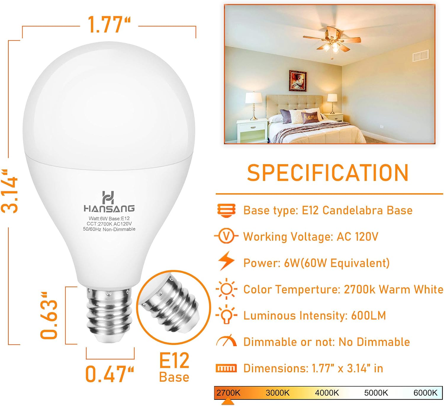 E12 LED Bulb 60W Equivalent Candelabra Light Bulbs 2700K Warm White | Small Base Light Bulb, 6W A15 LED Ceiling Fan Light Bulbs, CRI85+, 120V 600LM Round Bulb for Chandelier, Non-Dimmable 6 Pack