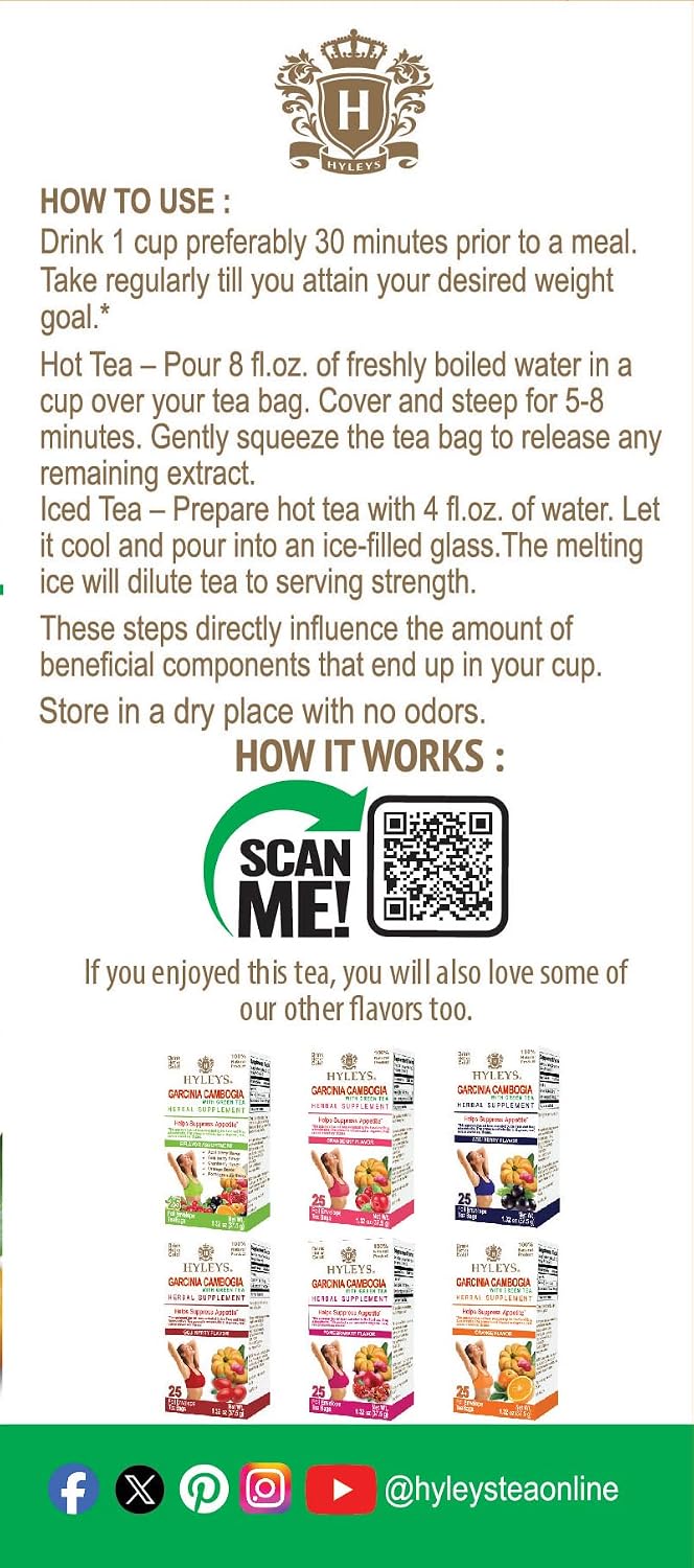 HYLEYS Tea Garcinia Cambogia Green Tea 5 Flavors Assortment - 25 Tea Bags