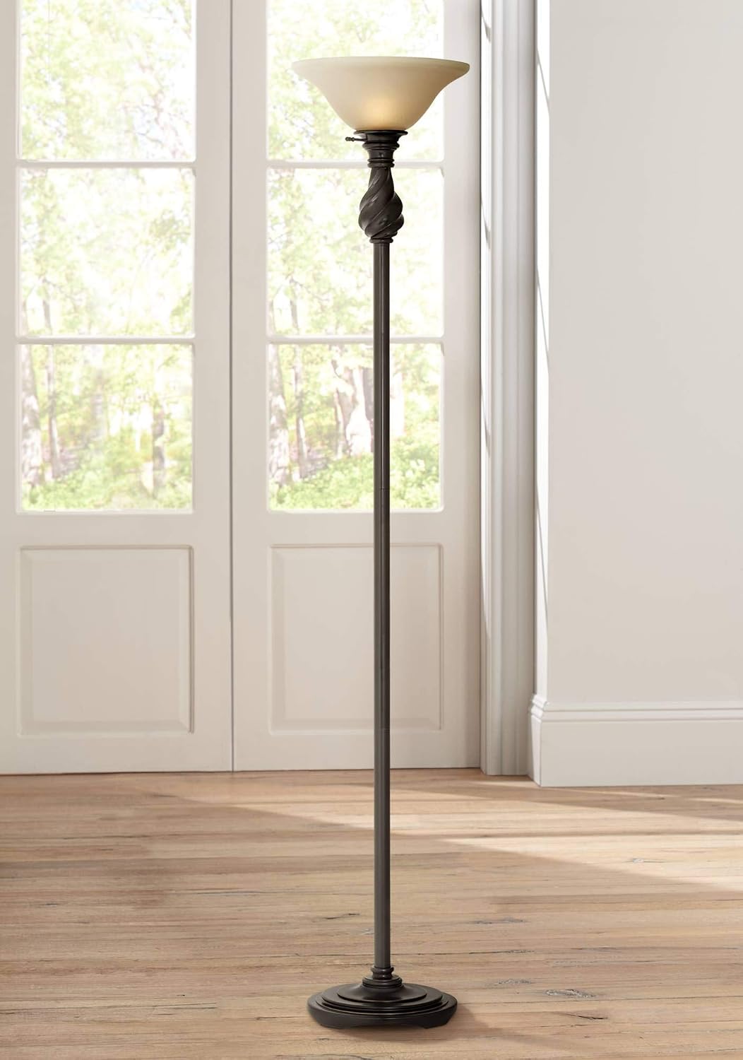 Regency Hill Restoration Bronze 70" Tall Amber Glass Torchiere Floor Lamp | Traditional Hand Applied Black Swirl Font Shade Standing Pole Light for