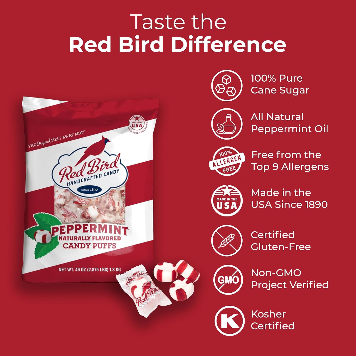 Red Bird Soft Peppermint Candy Mint Puffs, Individually Wrapped, 46 oz bag | Top 9 Allergen Free