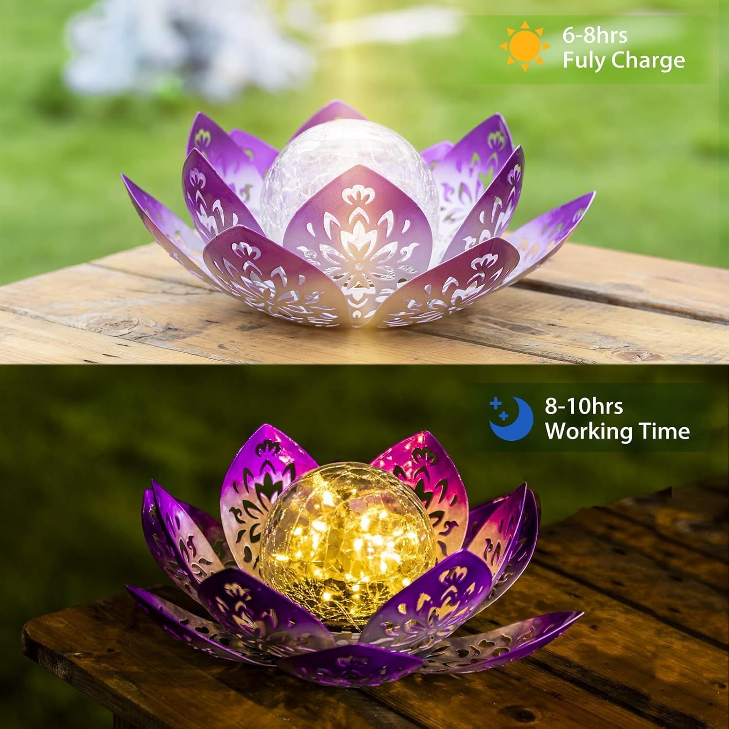Huaxu Solar Lights Outdoor Garden, Crackle Globe Glass Lotus Decor, Waterproof LED Metal Flower Decorations for Patio,Lawn,Walkway,Tabletop,Ground