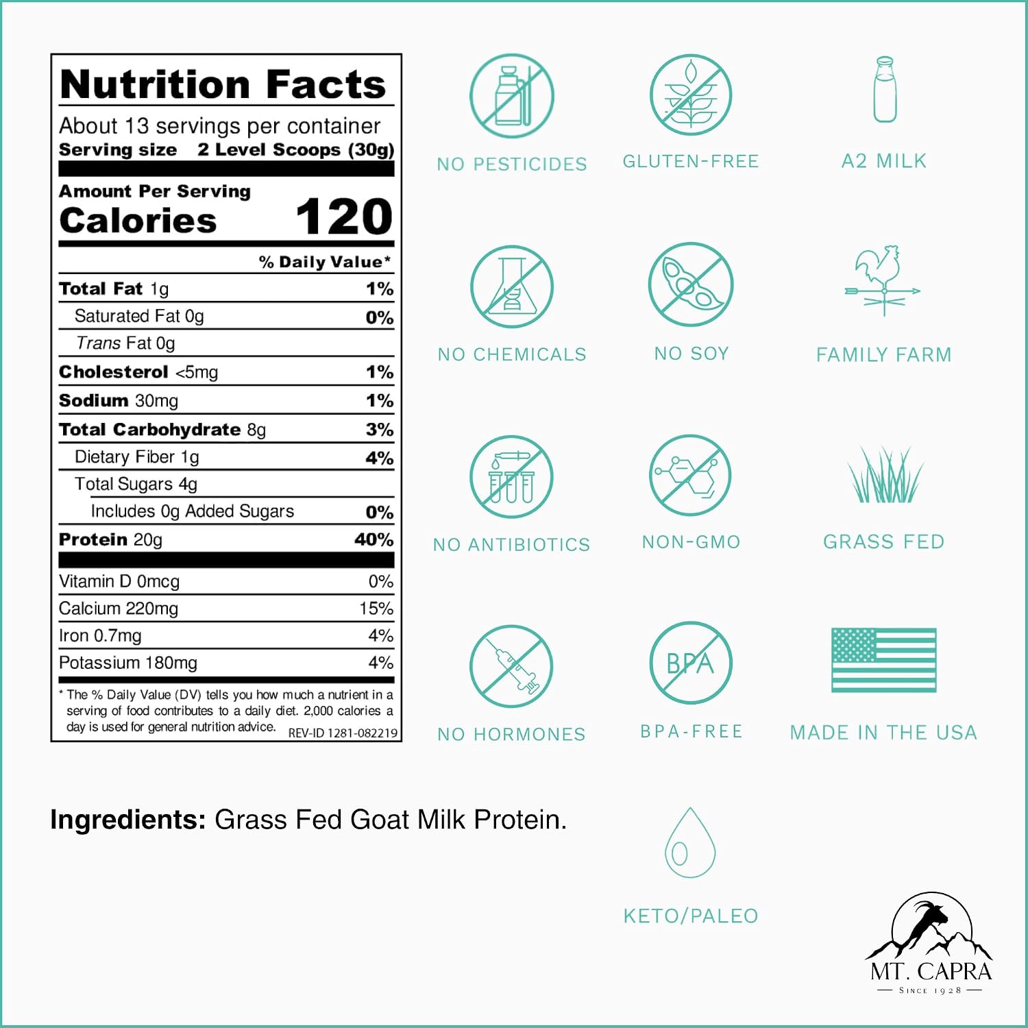 Mt. Capra Clean Whole Protein | Grass-Fed Goat Protein with Whey and Casein Protein | No Bloat, Build and Maintain Muscle, 20 g Protein per Serving