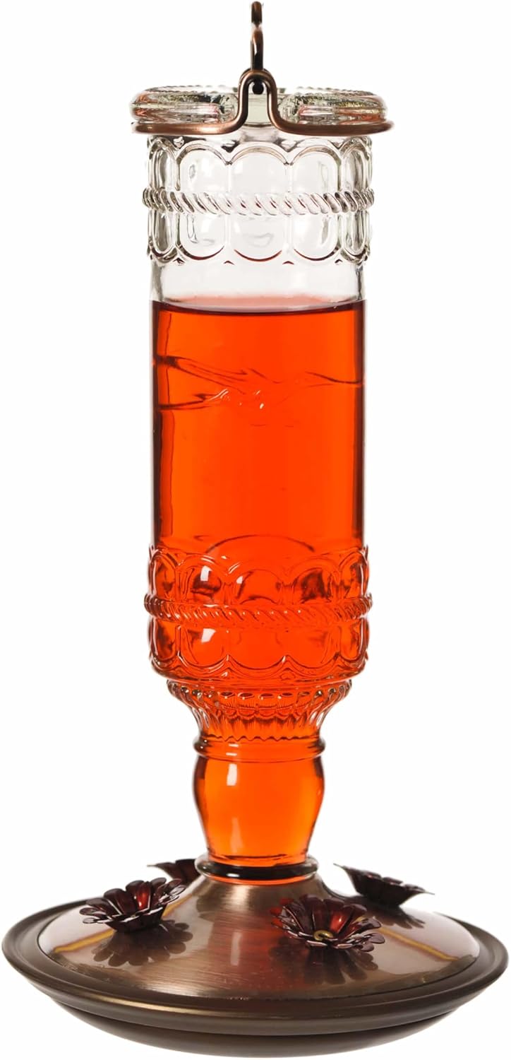 Perky-Pet Antique Glass Bottle Hummingbird Feeder, 10 oz Capacity, Green | 4 Feeding Ports for Outdoors Hanging Bird Feeders, Backyard Garden Décor
