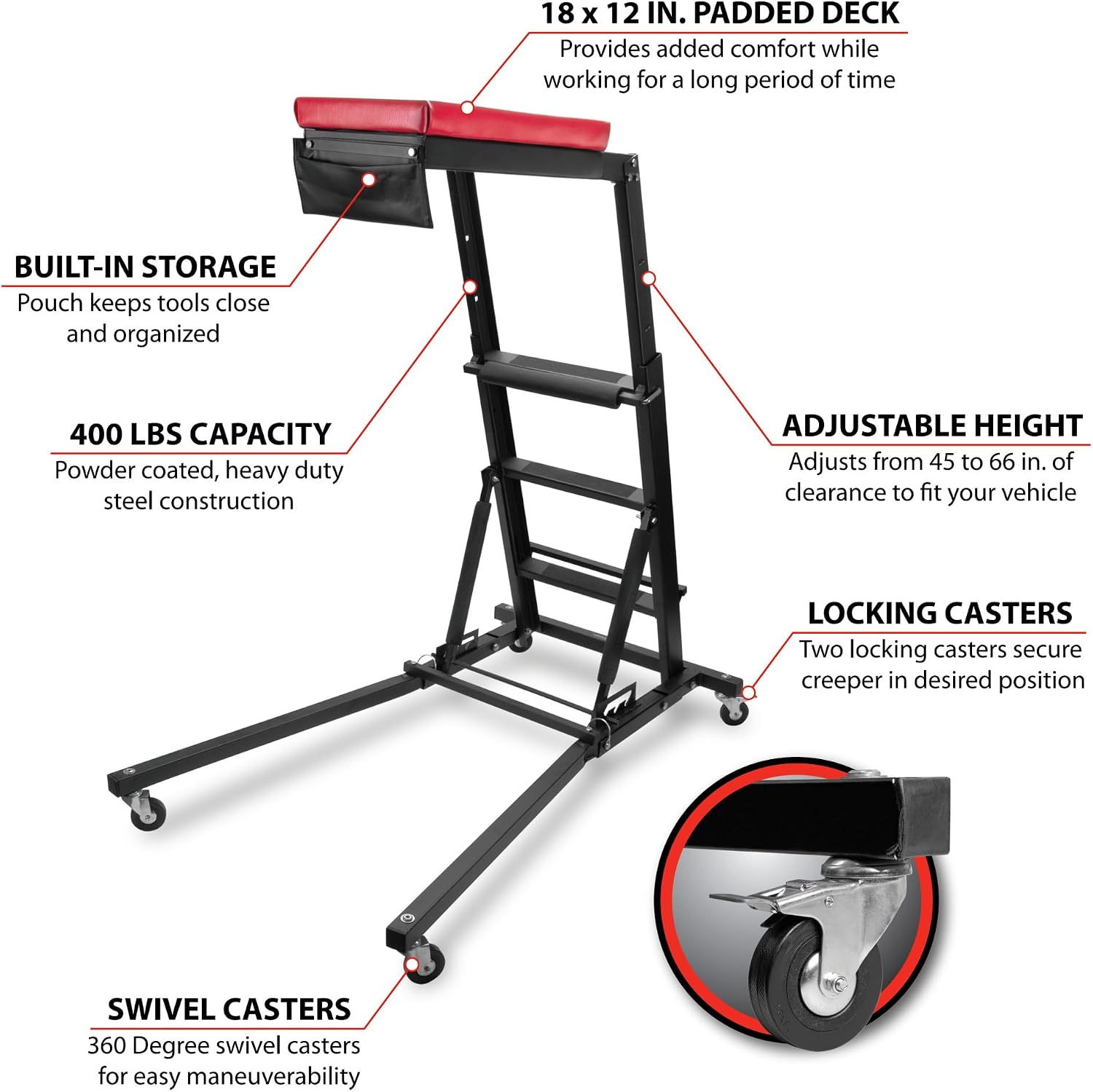 Performance Tool W85014 38 in. Low-Profile Automotive Mechanics Creeper | Oversized x-frame low profile creeper with 2-inch extra cushion padding. 5-inch jumbo swivel casters. 300 lb. capacity