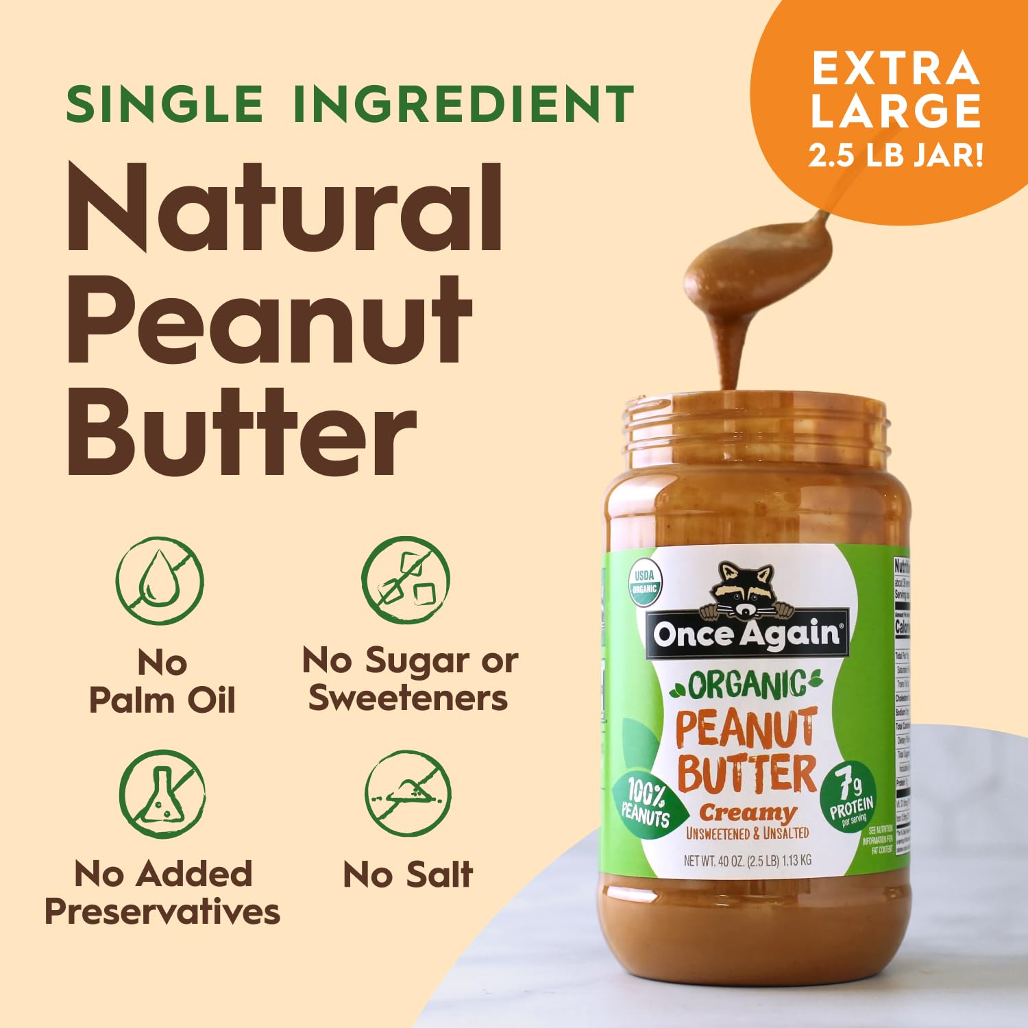 Once Again Organic Creamy Peanut Butter No Sugar Added - Single Ingredient, Unsalted, Natural Peanut Butter No Palm Oil - Glass Jar, Non-GMO, Gluten Free - Smooth and Unsweetened - 1 Jar (16 oz) | Unsalted, Natural Peanut Butter No Palm Oil, Glass Jar, N…