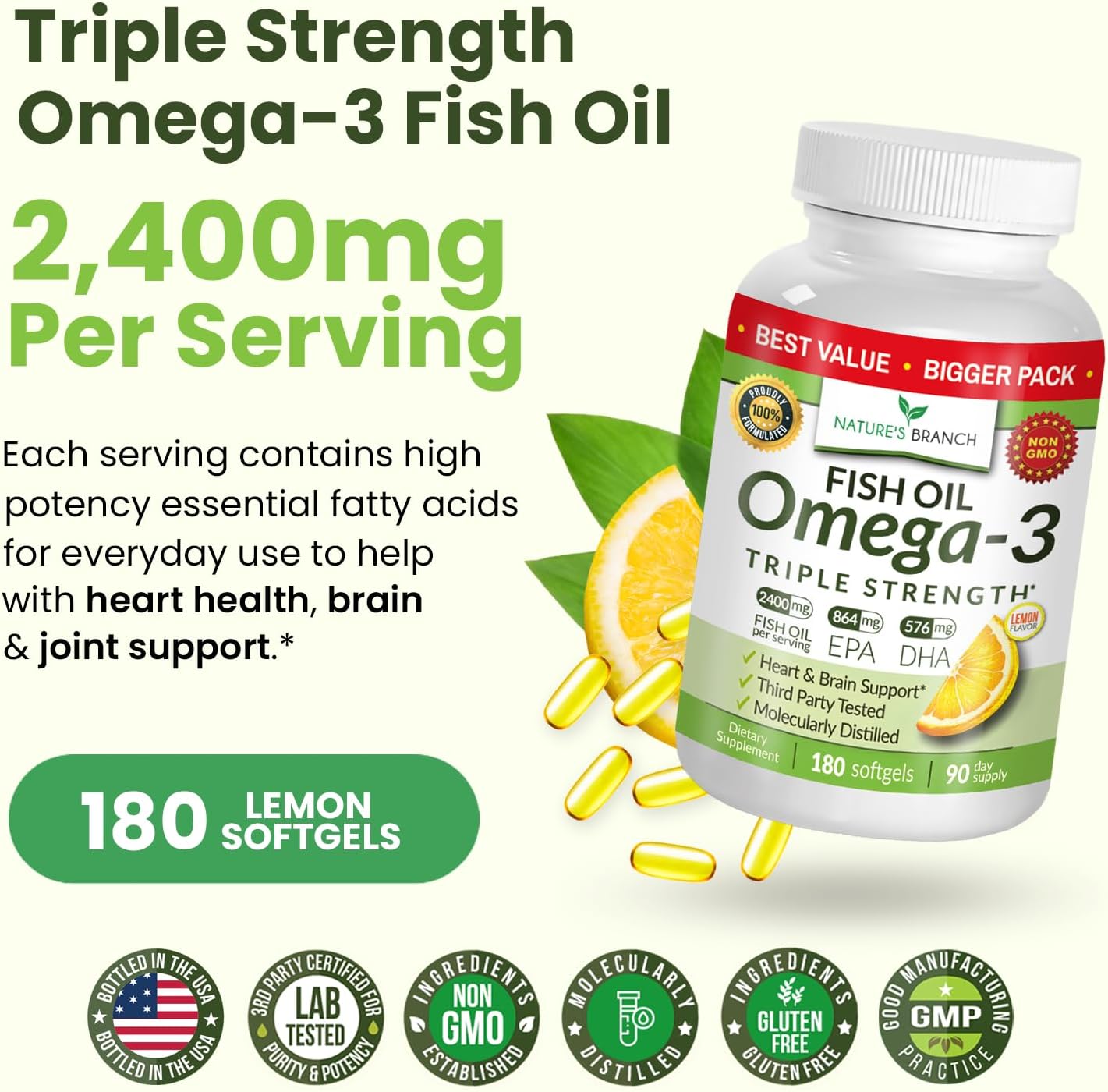 Triple Strength Omega 3 Fish Oil for Heart Health, Brain & Eyes – Burpless | High EPA & DHA Fish Oil for Men & Women, Lemon Flavor, Third Party Tested, Omega 3 Supplements for Joints – 120 Capsules