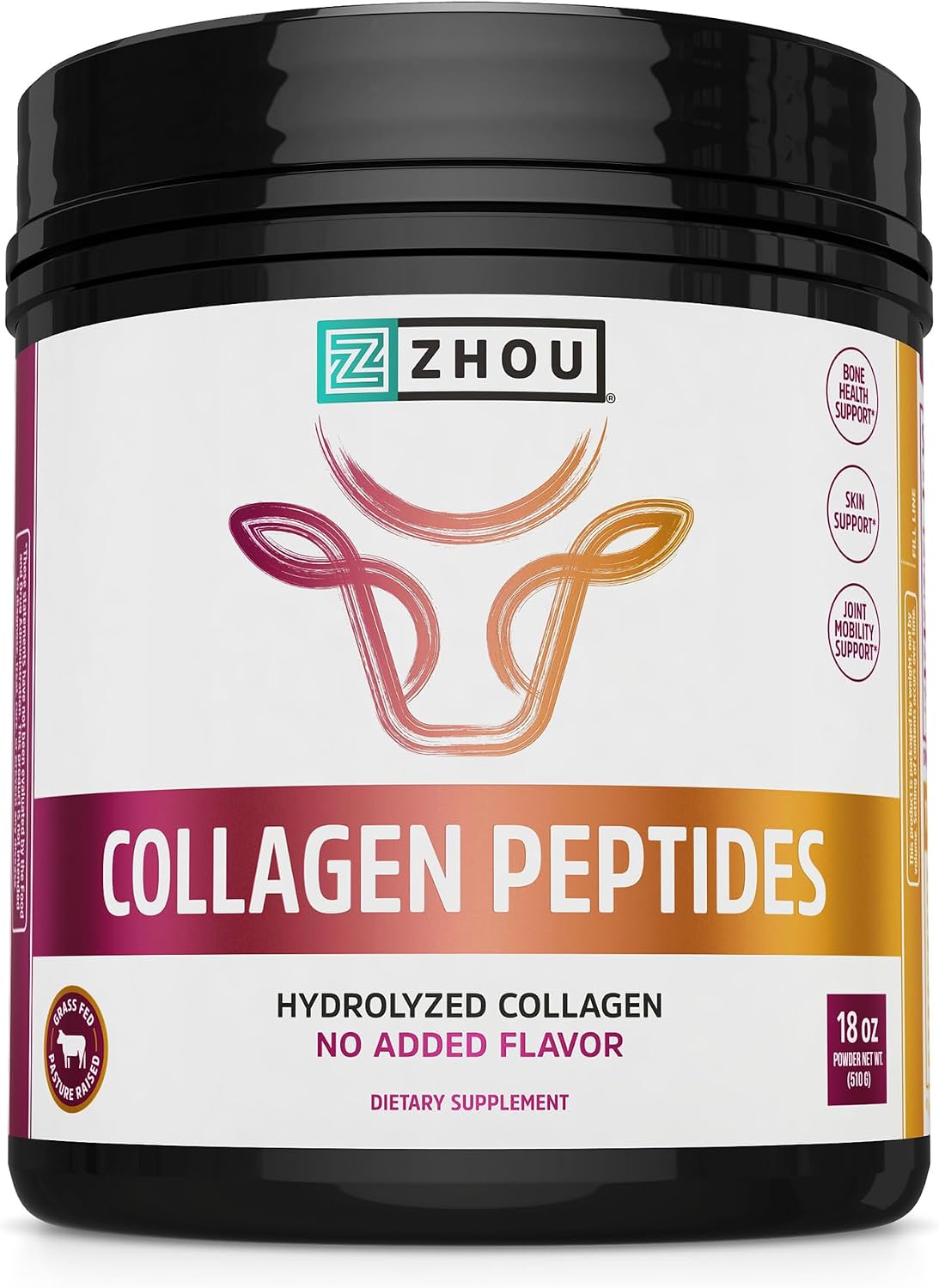 Zhou Collagen Peptides Supplement - 18 oz Jar (46 Servings) | Pure Hydrolized Collagen Powder for Women & Men, Grass Fed Natural Bovine for Skin