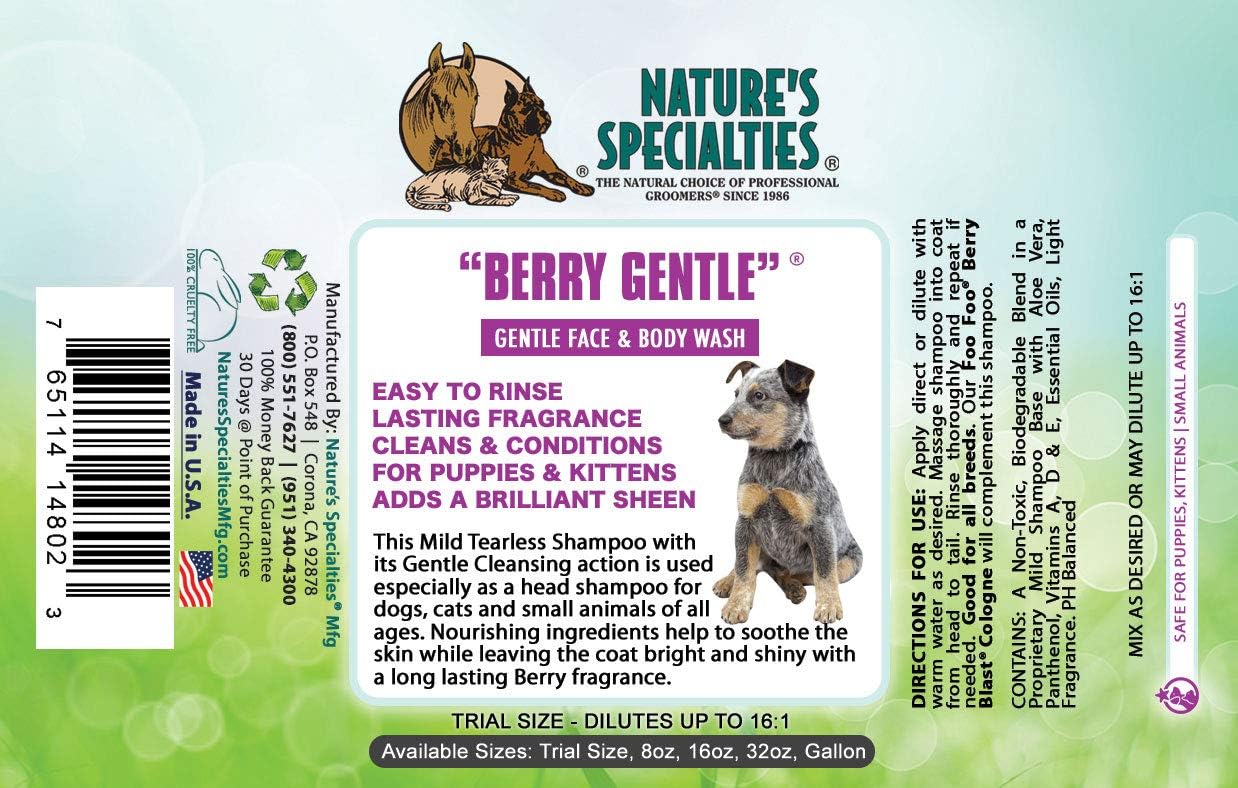 Nature's Specialties Berry Gentle Ultra Concentrated Face and Body Wash for Pets, Makes up to 16 Gallons, Natural Choice for Professional Groomers, Gently Cleanse The Skin and Coat, Made in USA, 1 gal