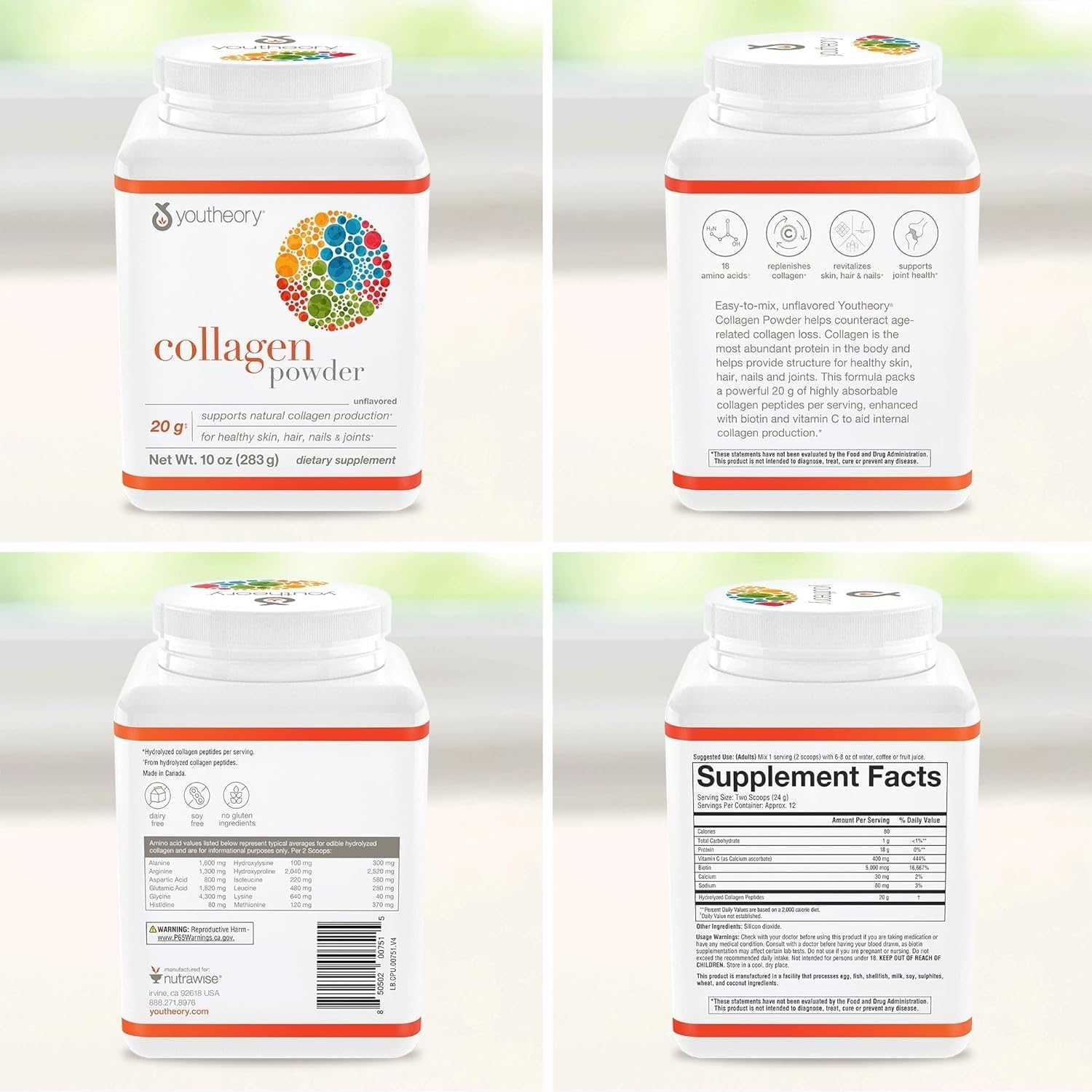 Youtheory Collagen Powder, 20g, Unflavored, 10 oz, 12-Day Supply