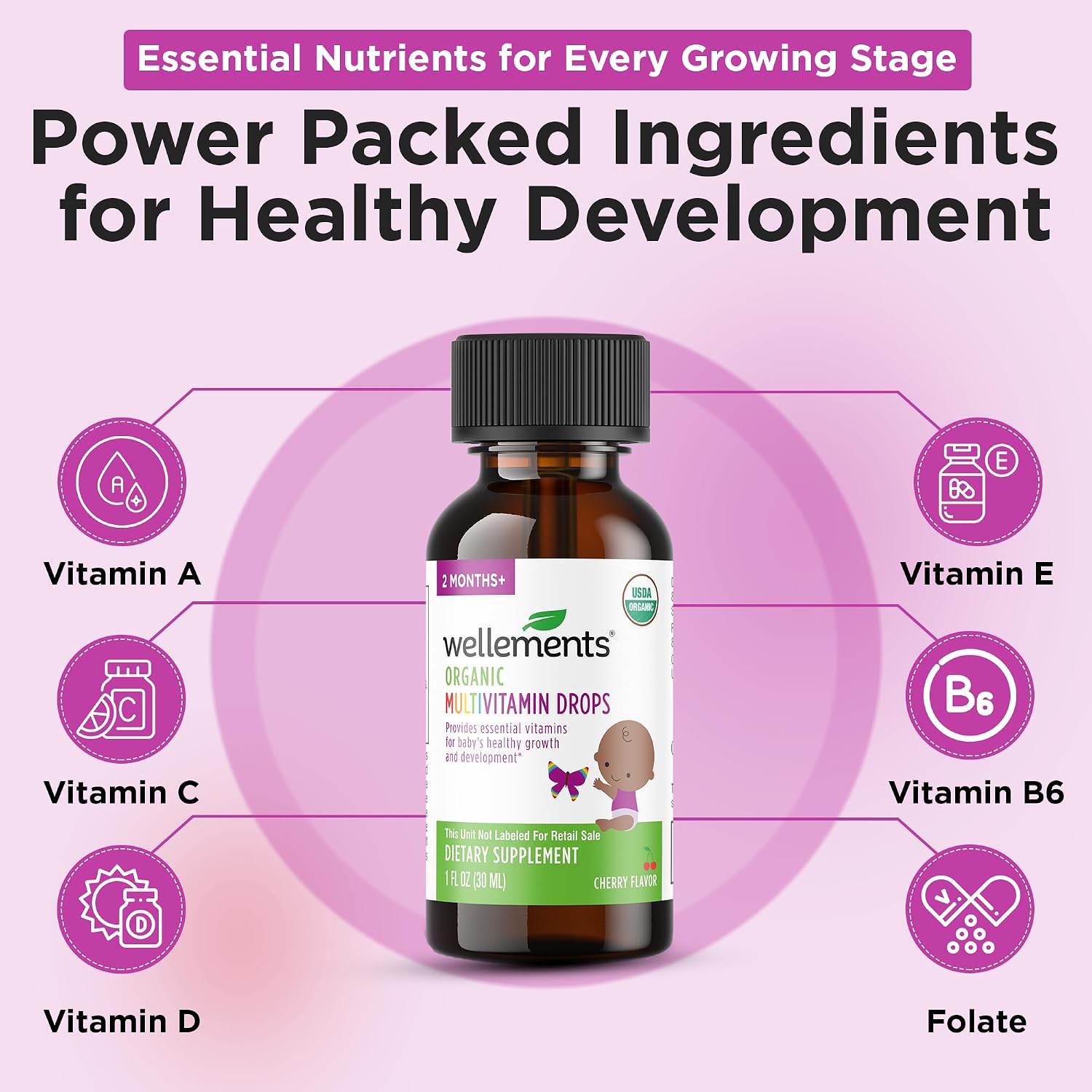 Organic Liquid Baby Multivitamin Drops Cherry Flavor (1 Fl Oz) 2 Months+ | Multivitamins Drops for Infants & Toddlers - Toddler Vitamins for Immune