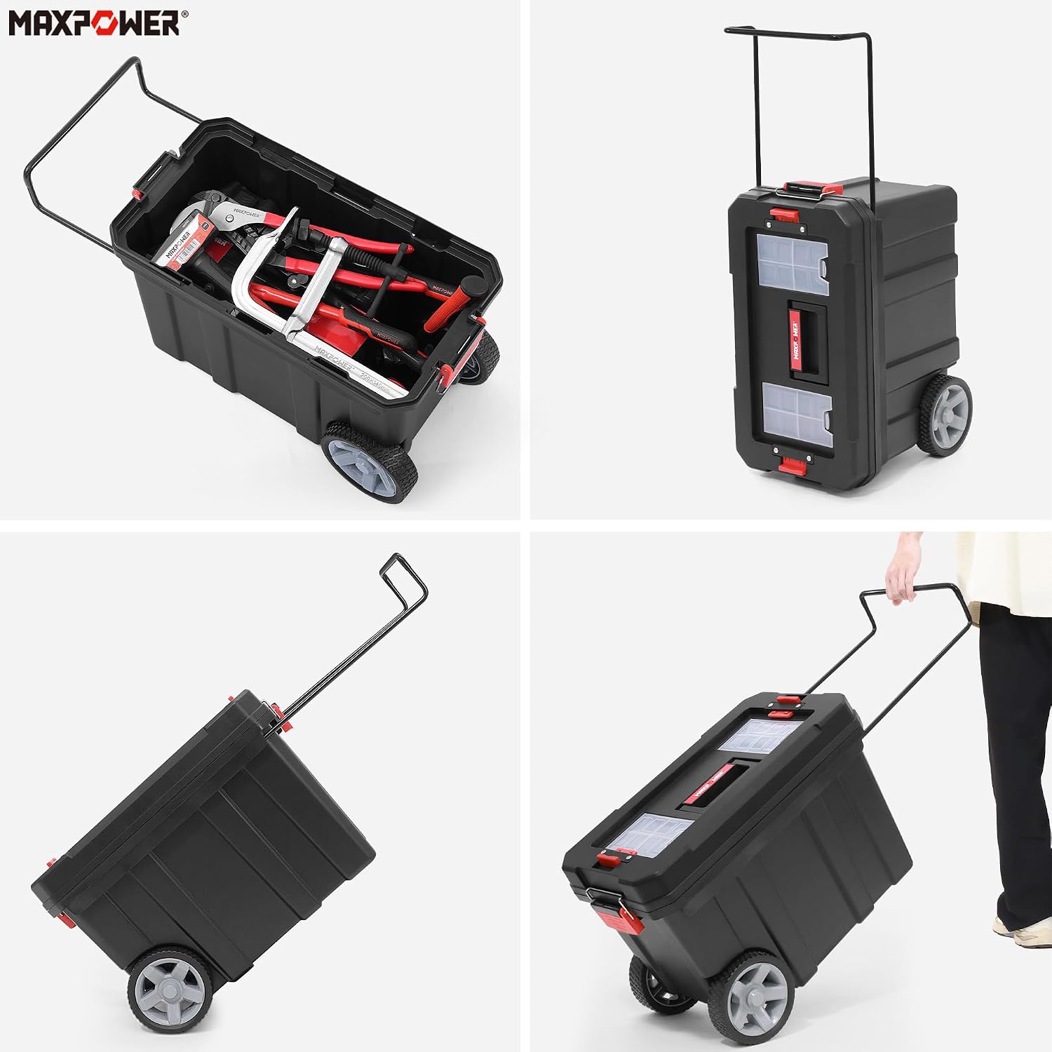 MAXPOWER Small Tool Box, 14-inch Plastic Tool Boxes with Handle | Removable Tray with Dual Lock Secured, Red Toolbox for Home