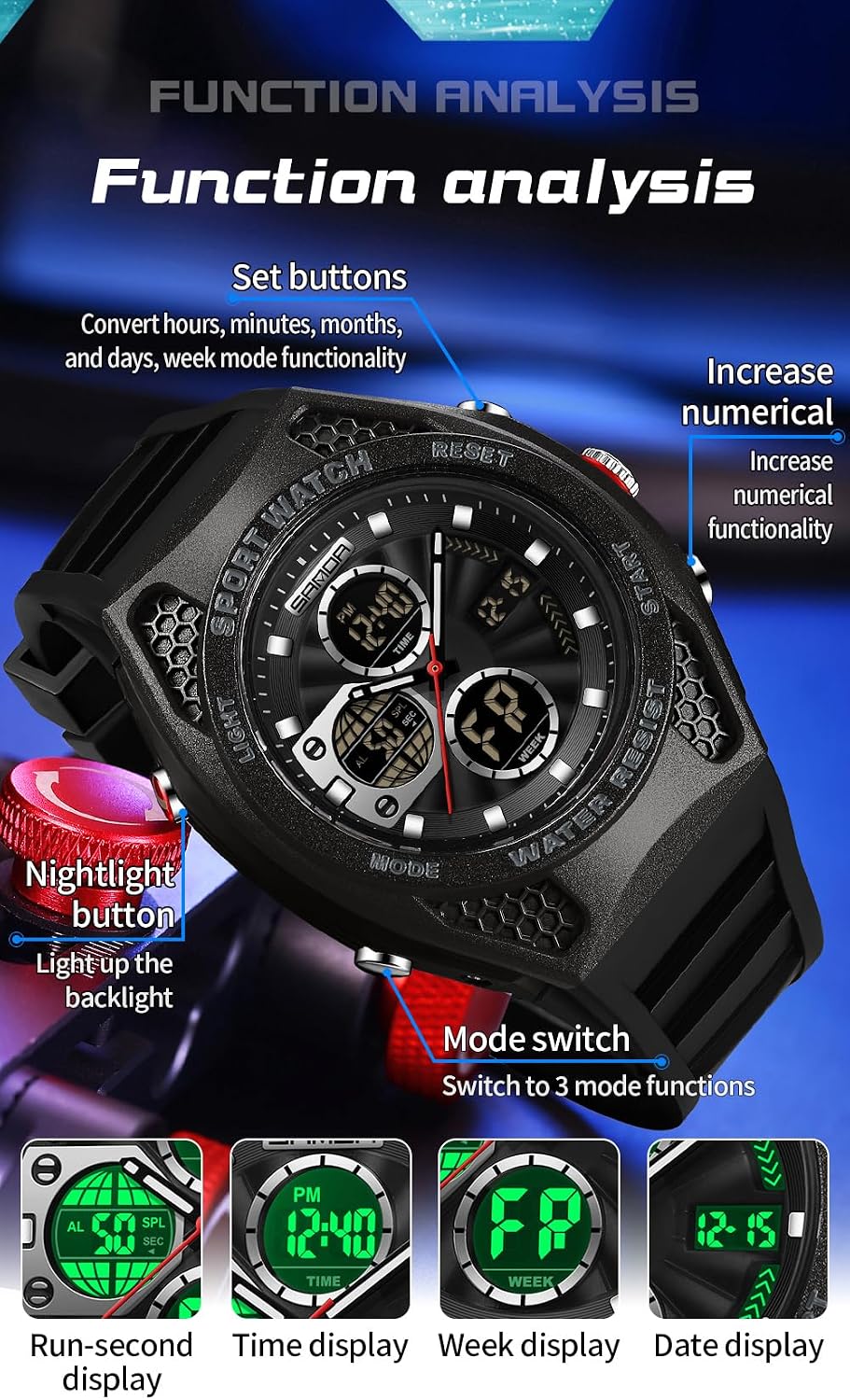 FANMIS Men's Digital Sport Watch Military LED Alarm Waterproof Quartz Watch | Tactical Outdoor Sport Watch Multi Function Led Display Alarm Stopwatch Date Quartz Rugged Style Daily Water Resistance