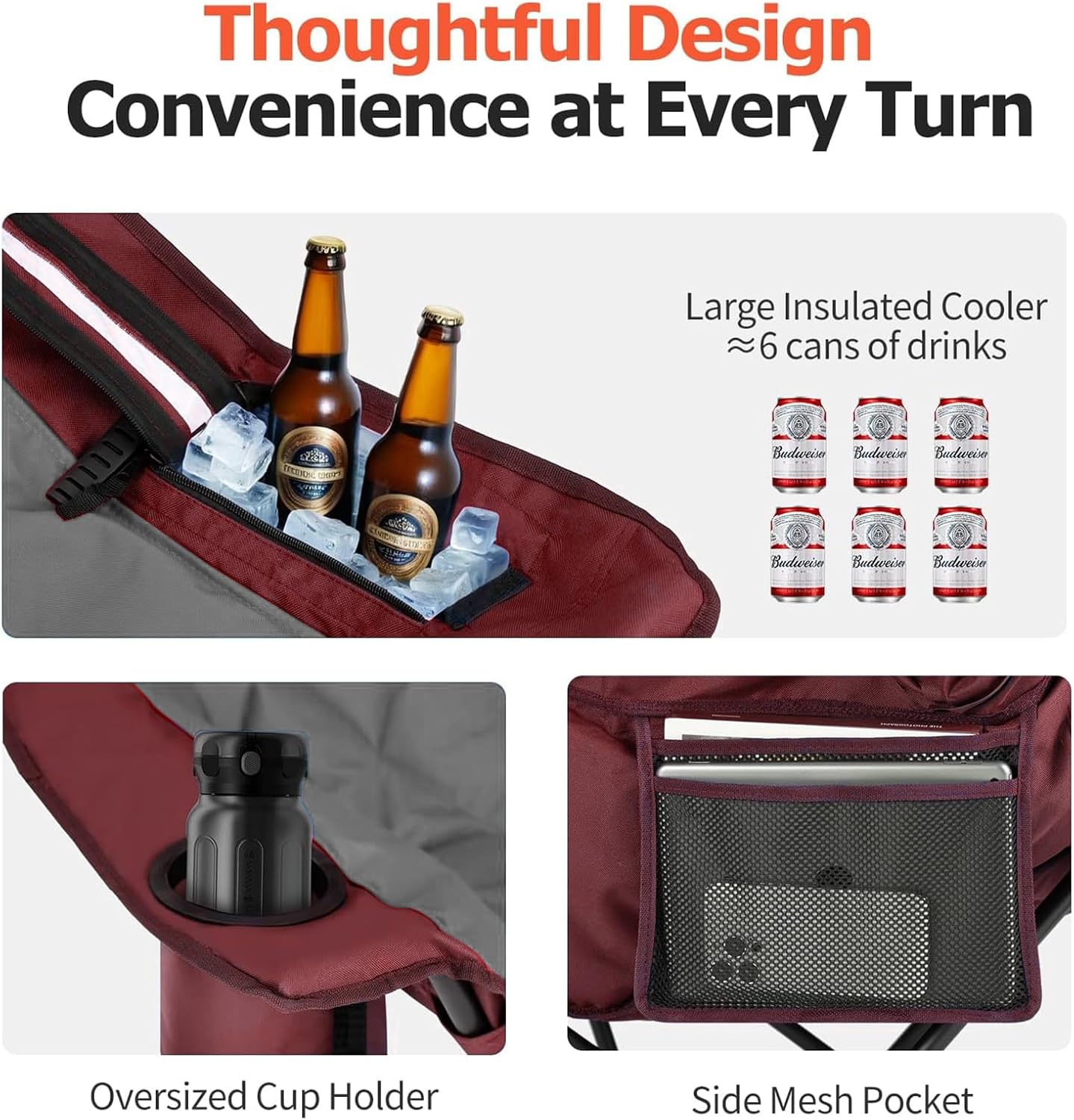 Overmont Oversized XL Camping Chair for Adults - 500lbs Support Heavy-Duty Padded Folding Chair with Side Pocket Cup Holder Cooling Bag for Outdoor Sports Garden Beach Fishing Lawn Black