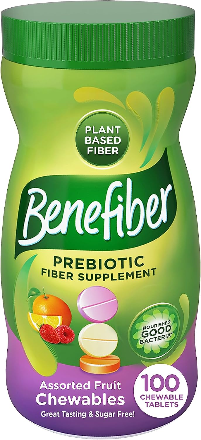 Benefiber Chewable Prebiotic Fiber Tablets, Assorted Fruit Flavors, 100 Ct | Plant-based Prebiotic Fiber, Supports Gut Health by Nourishing Good Gut Bacteria, GLP-1 Support for Digestive Health