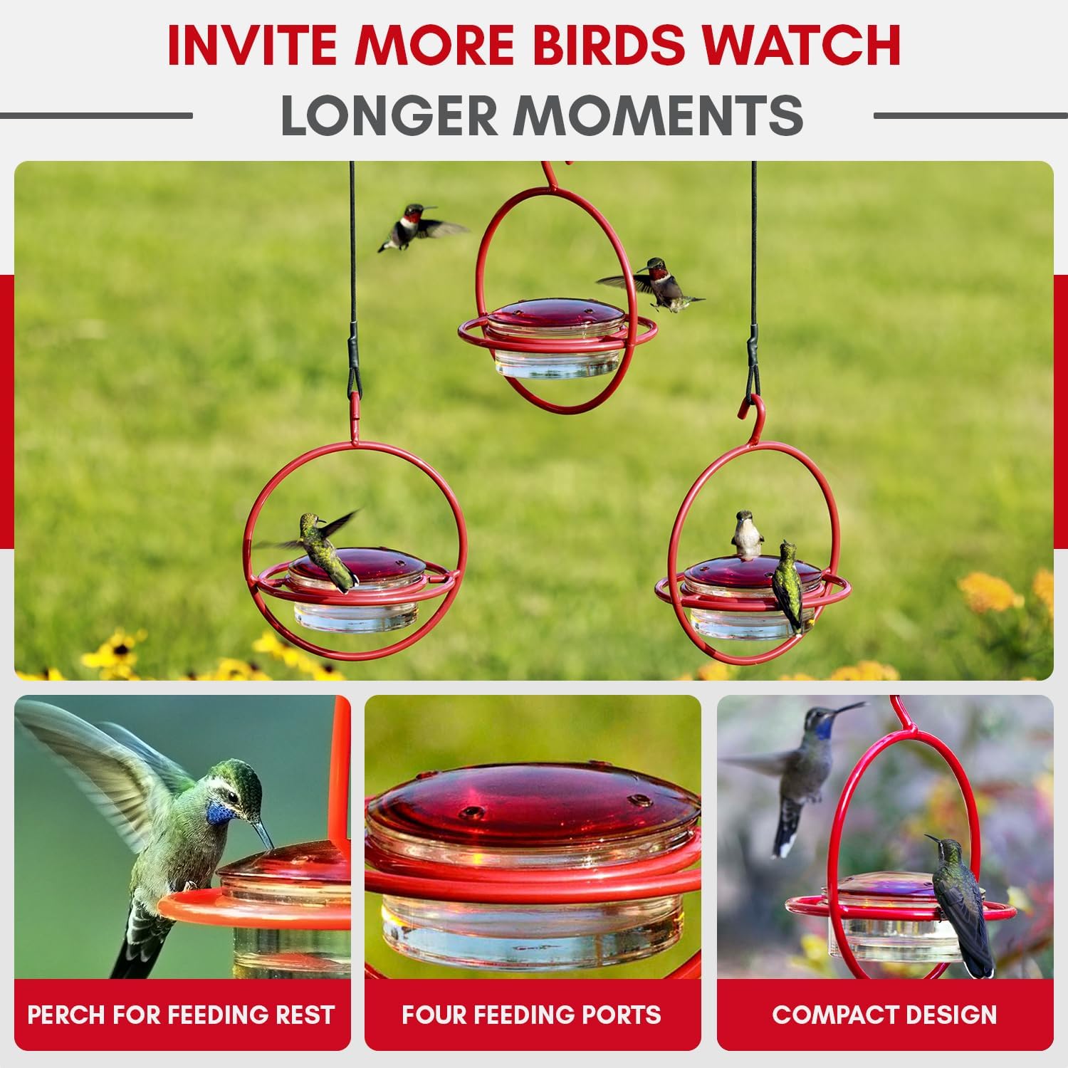 Hummingbird Feeder for Outdoors Hanging, 3.4 OZ Hummingbird Feeders, Glass Bowl with 4 Feeding Ports, Leak Proof Lid & Circular Perch, Bird Feeder (1, Red)