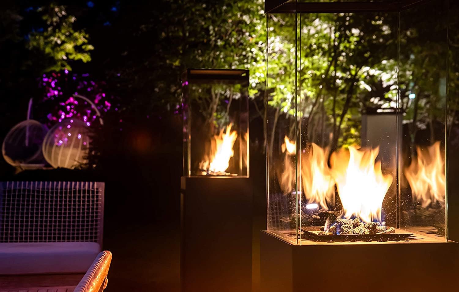 Planika Faro 41, 000 BTU Propane Patio Heater 59" Modern Freestanding Glass Tower with Wheels, Smokeless 360° Flame