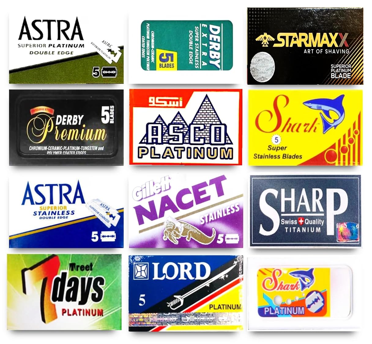 Razor Blades Club Astra-Derby-Shark-Starmaxx-Sharp-Lord 60 Quality Double Edge Razor Blades Sampler (12 different brands)