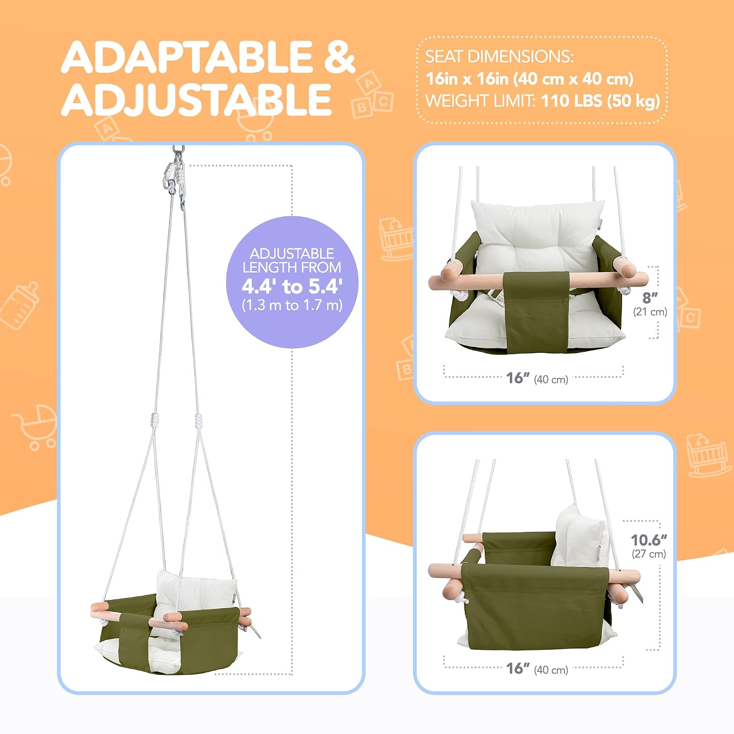 CaTeam Canvas Baby Swing Seat with 5-Point Safety Belt — Wooden Hanging Toddler Swing, Indoor & Outdoor, Ages 1-4, Ceiling Mount Hardware Included