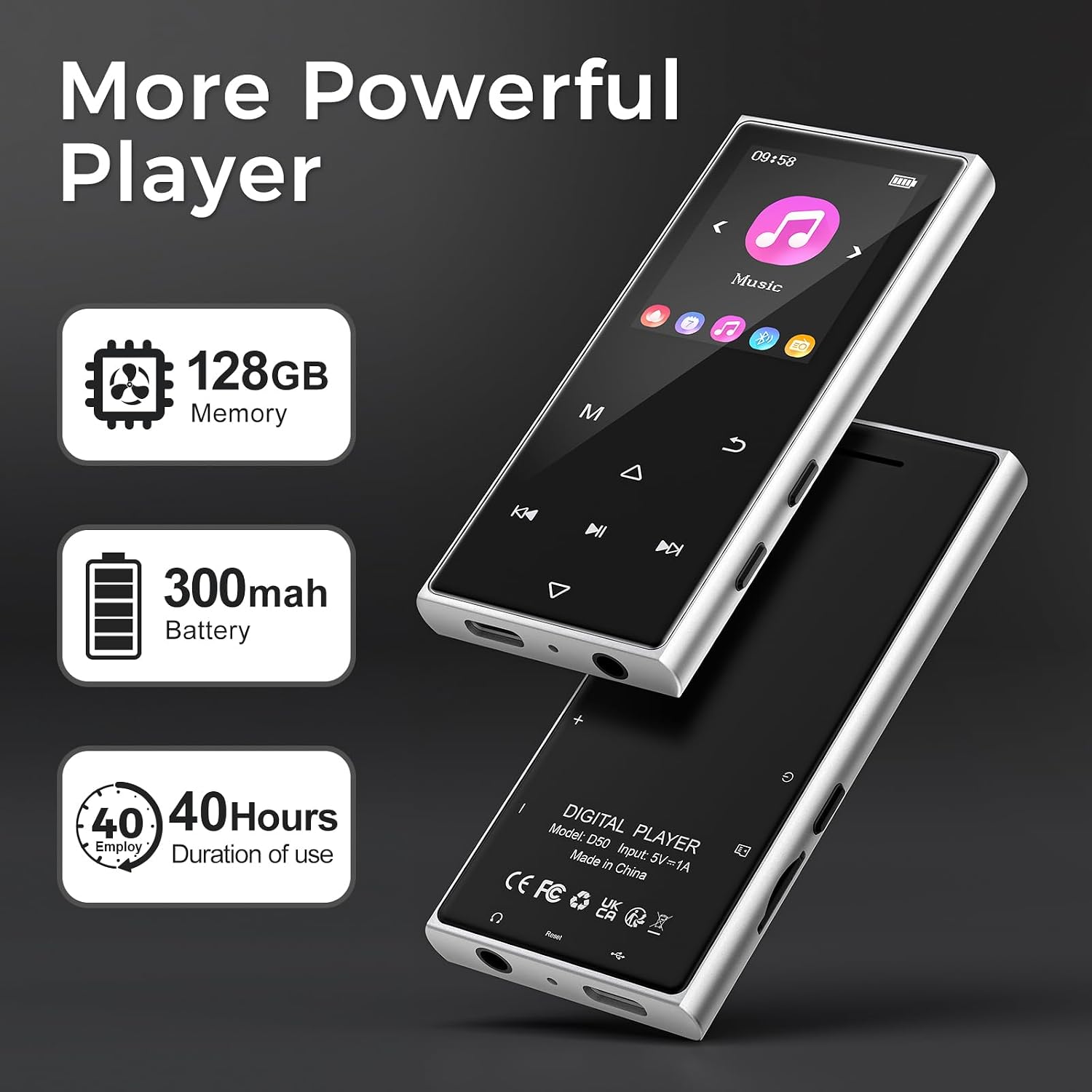 128GB MP3 Player with Bluetooth 5.4, AGXOV Music Player with Built-in HD Speaker, FM Radio, Voice Recorder, HiFi Sound, E-Book, Earphones Included