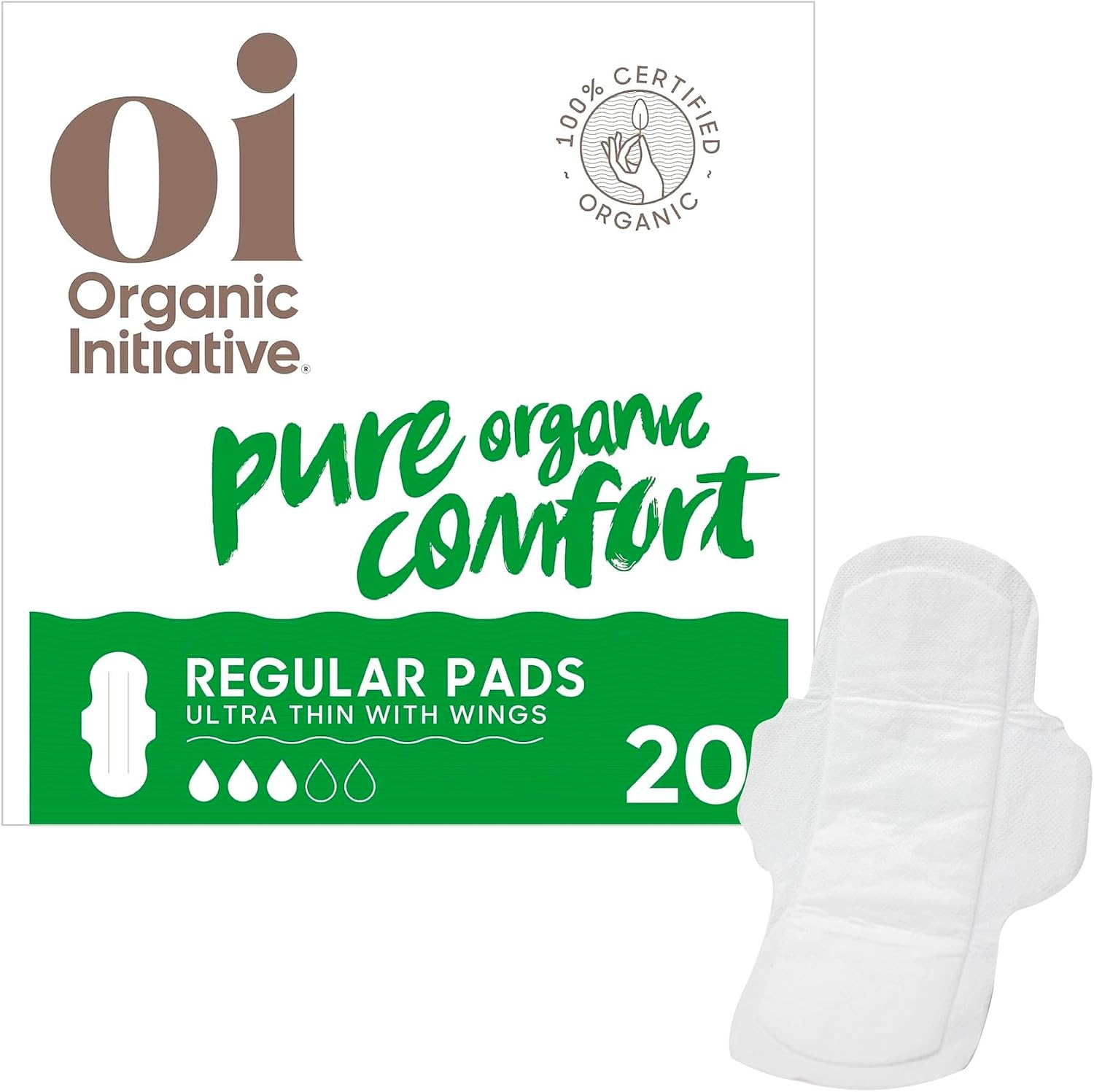 Oi | Organic Initiative - Ultra Thin Pads with Wings, 20 Count (10 Regular/10 Super) | 100% Certified Organic Cotton Pads, Unscented | Leak Free, Biodegradable Thin Pads for Women | Non-GMO, Non Toxic
