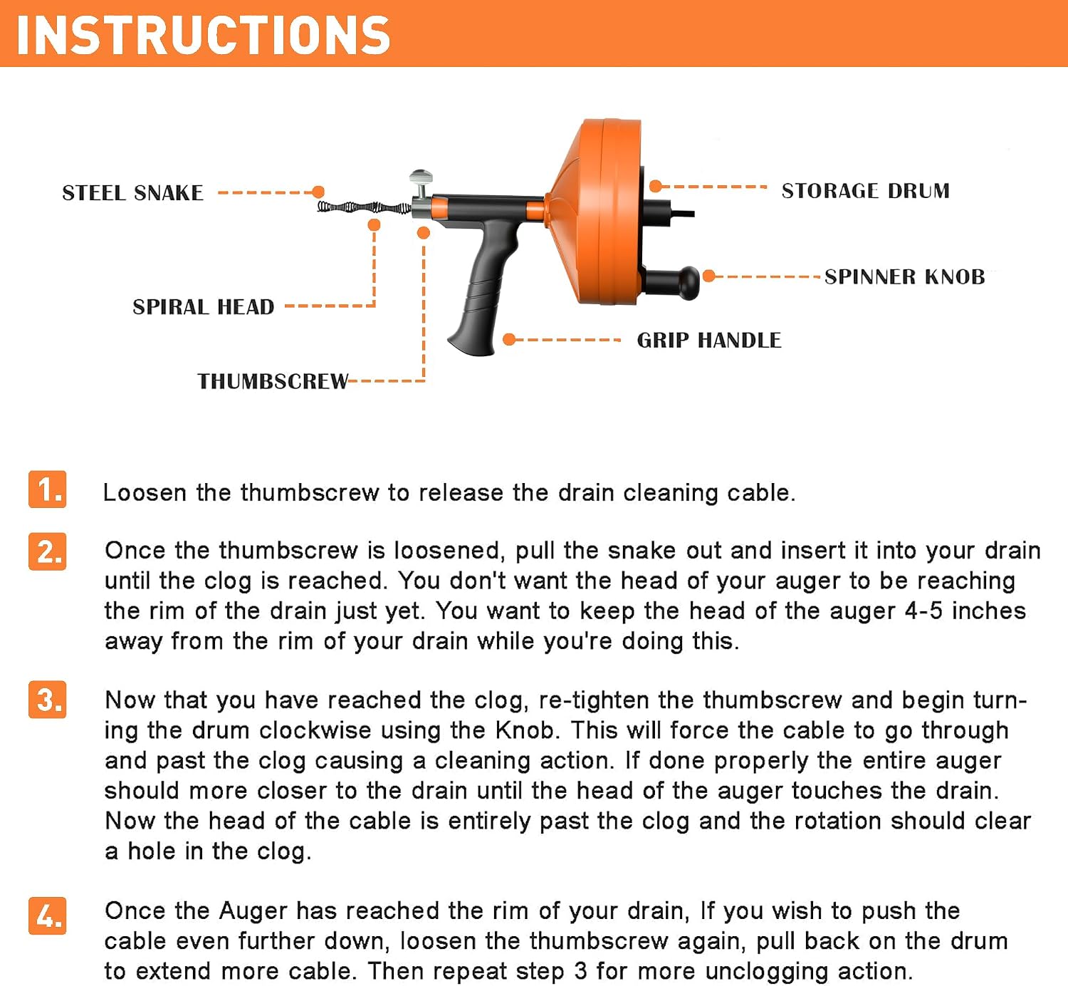 BACOENG 25Ft Drain Auger, Heavy Duty Plumbing Snake with Drill Adapter, Use Manually or Powered for Drain Clog, Shower Sink, Comes with Gloves and Bag (Orange)